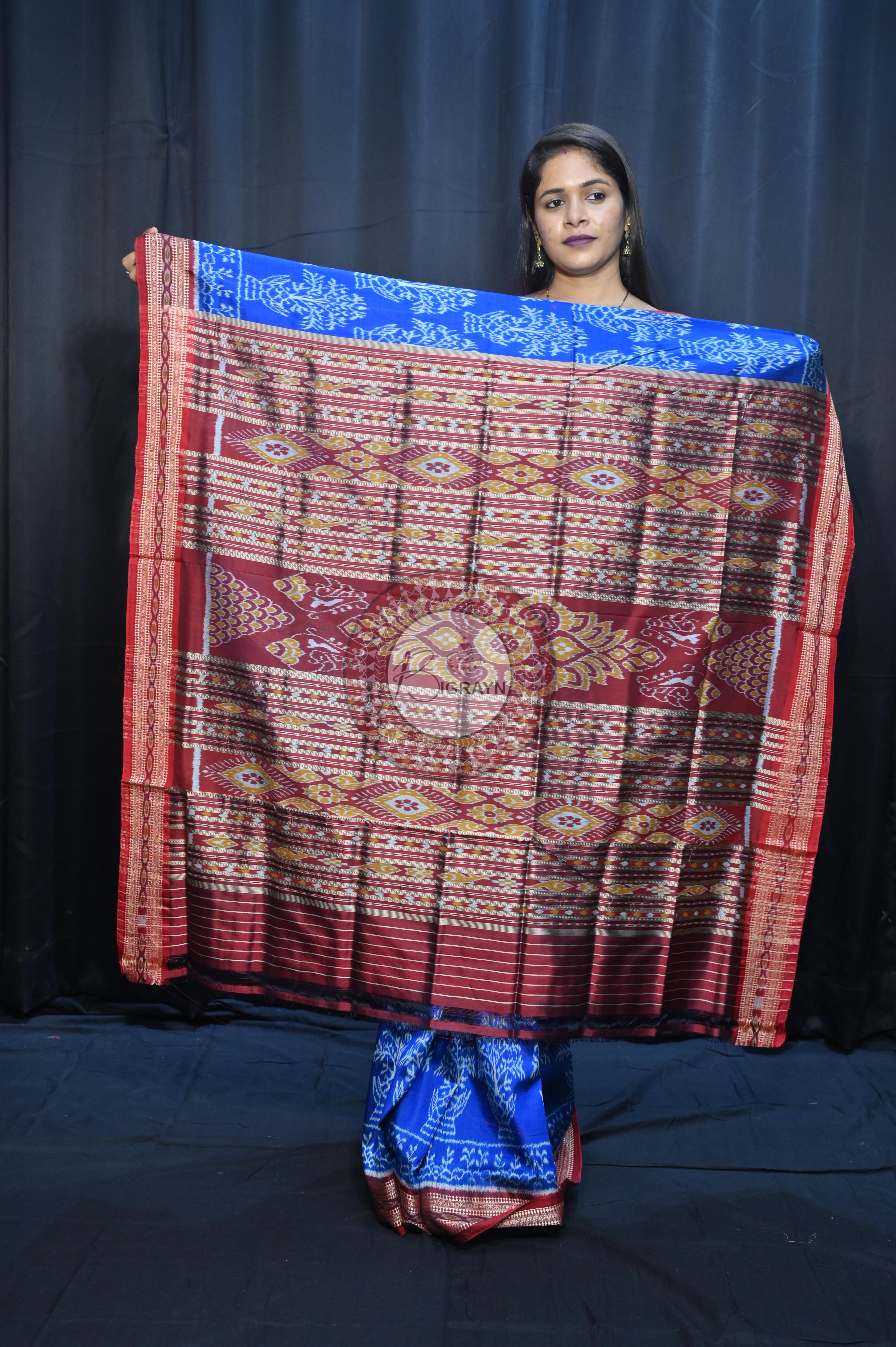 Blue Maroon Tulshi Tree Design Khandua Silk Saree