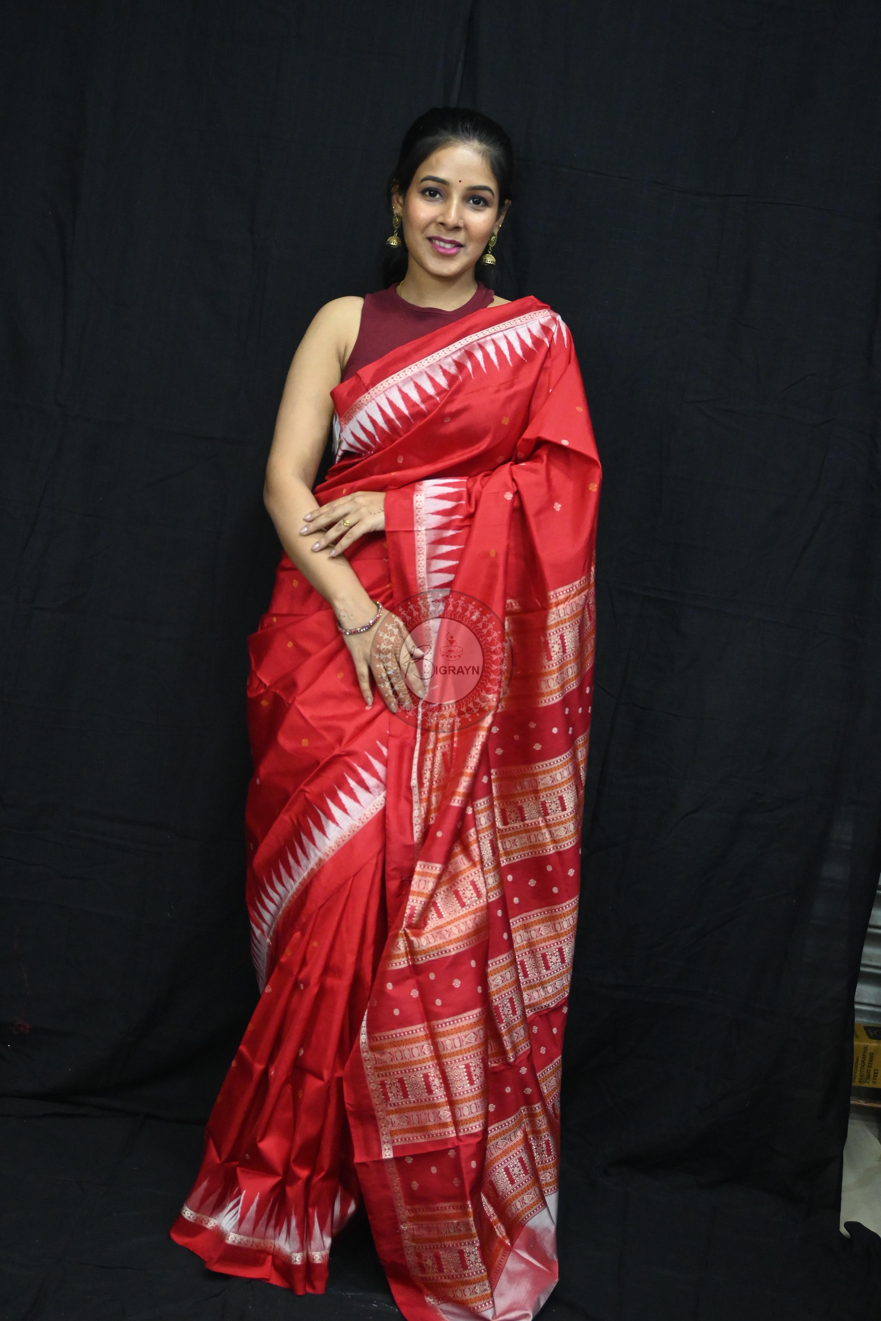 Red White Temples Buti Bomkai Silk Saree
