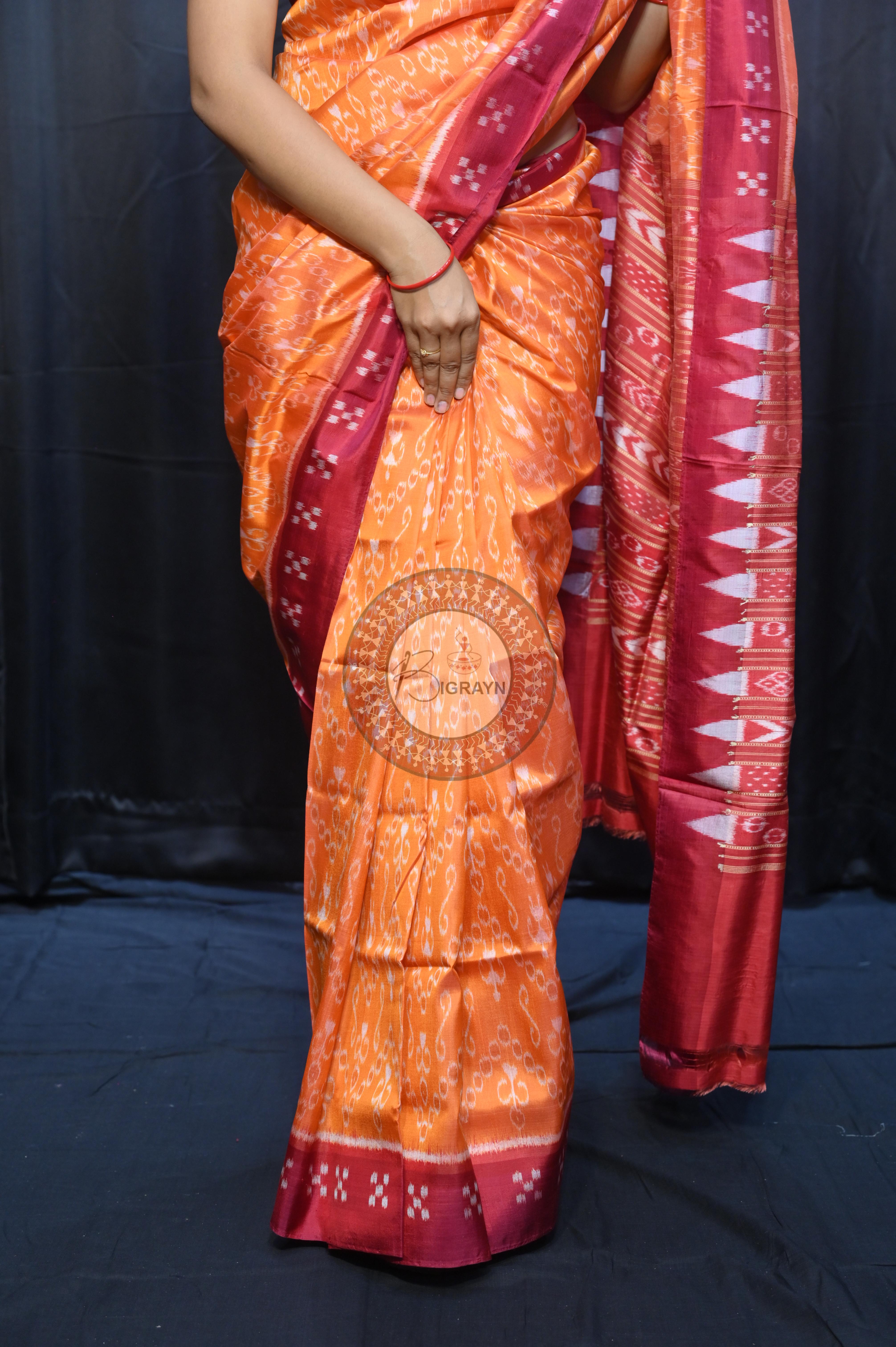 Yellow Maroon Tribal Design Mulberry Silk Saree