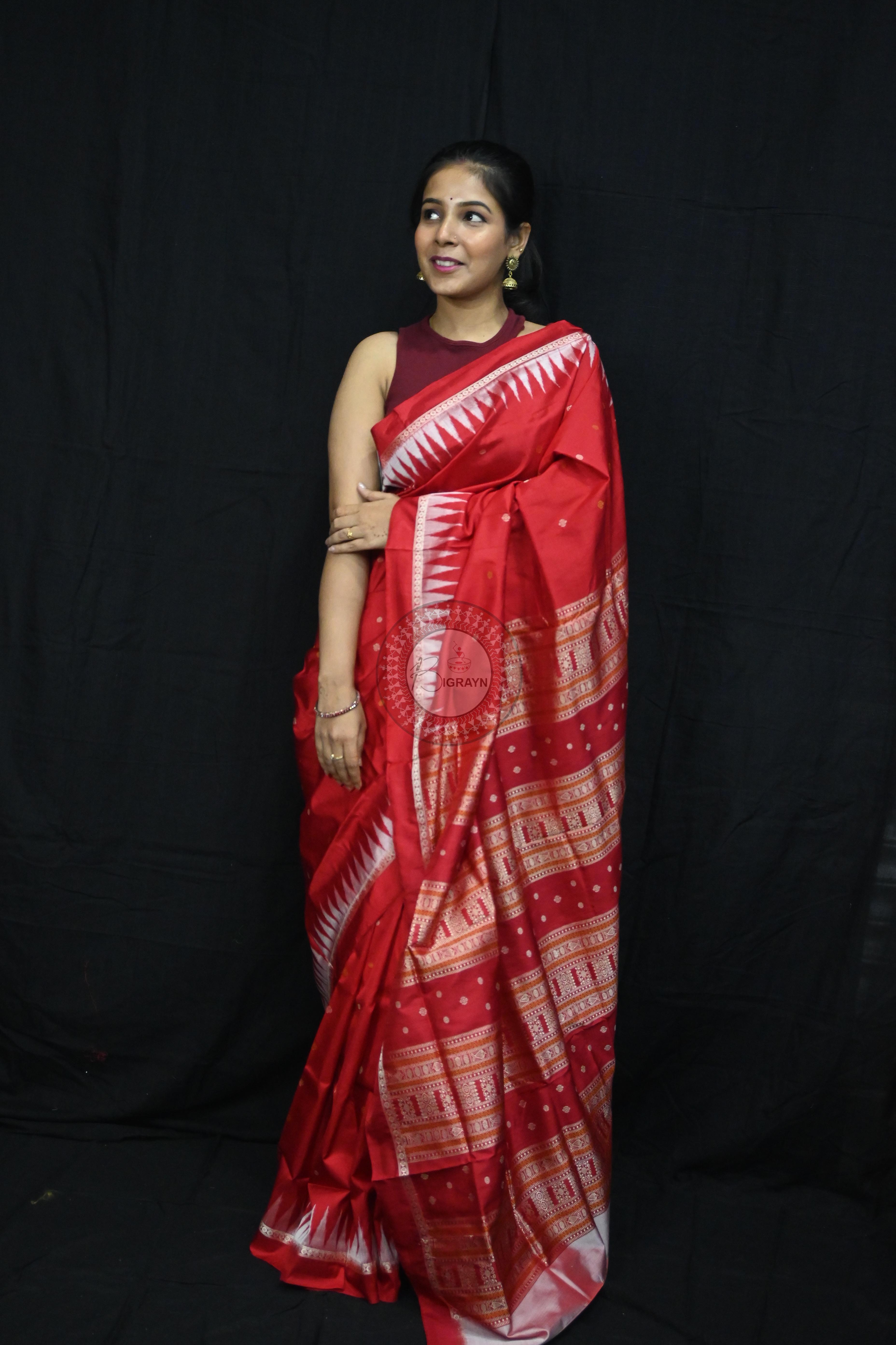 Red White Temples Buti Bomkai Silk Saree