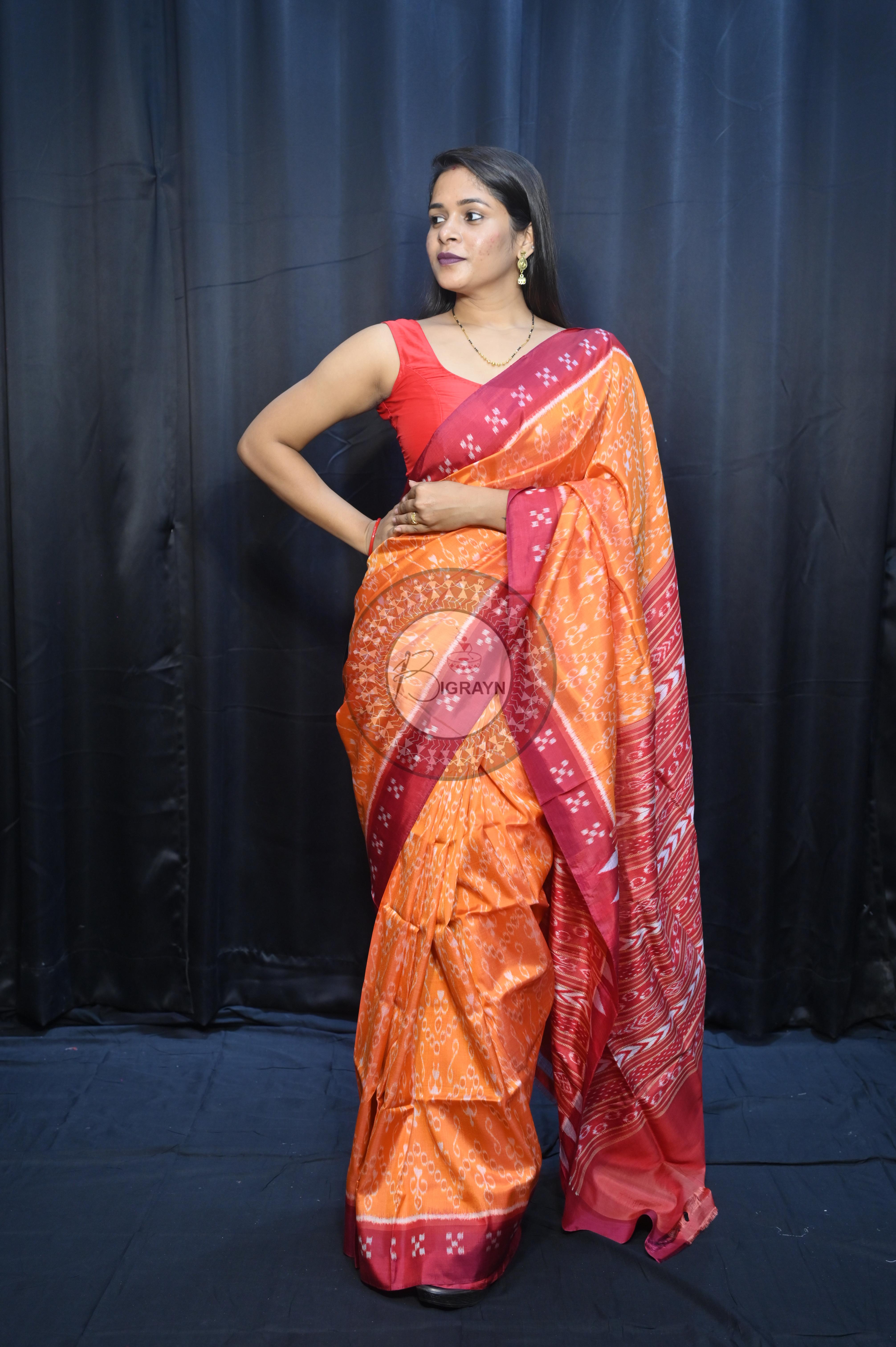 Yellow Maroon Tribal Design Mulberry Silk Saree