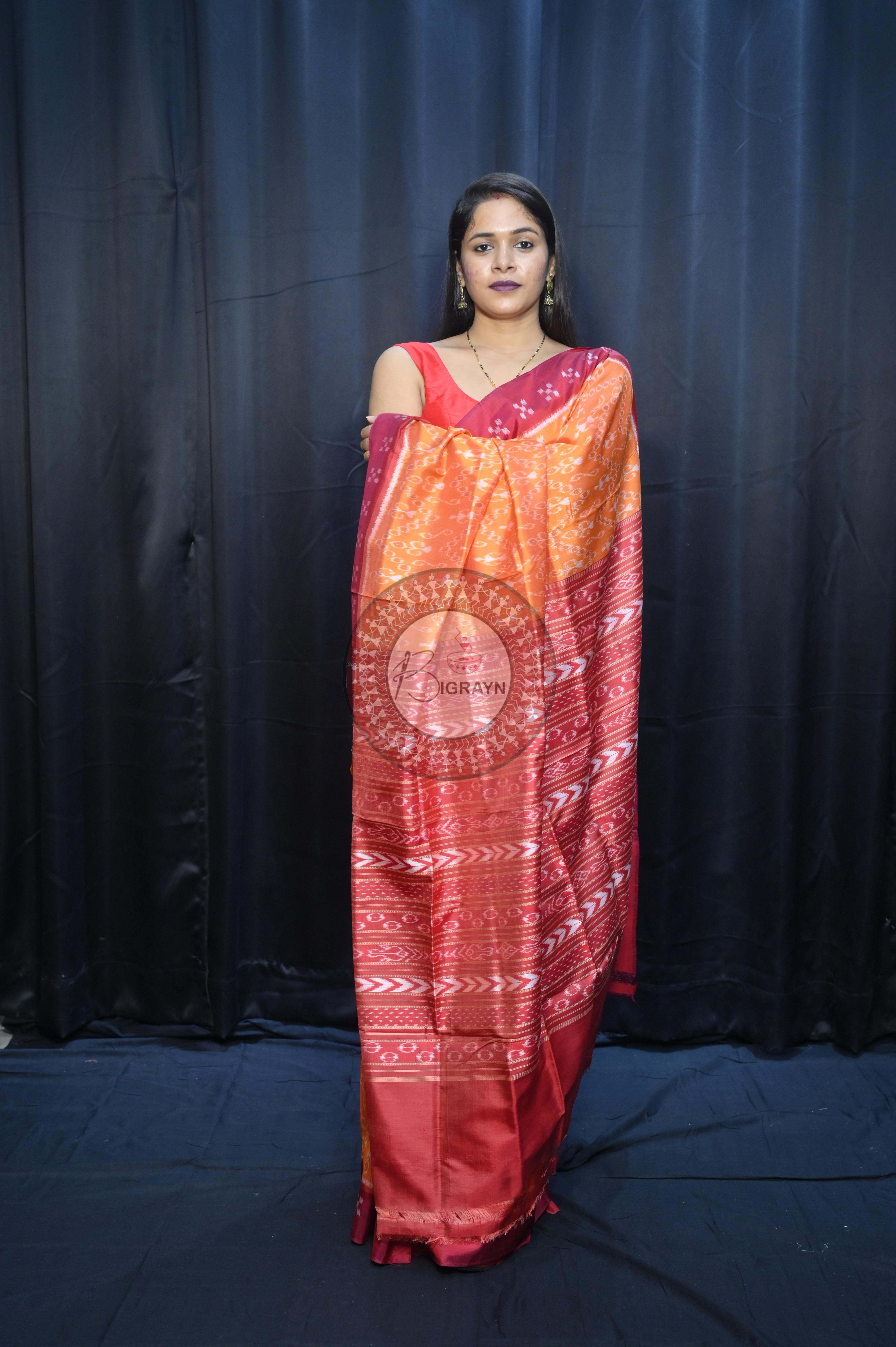 Yellow Maroon Tribal Design Mulberry Silk Saree