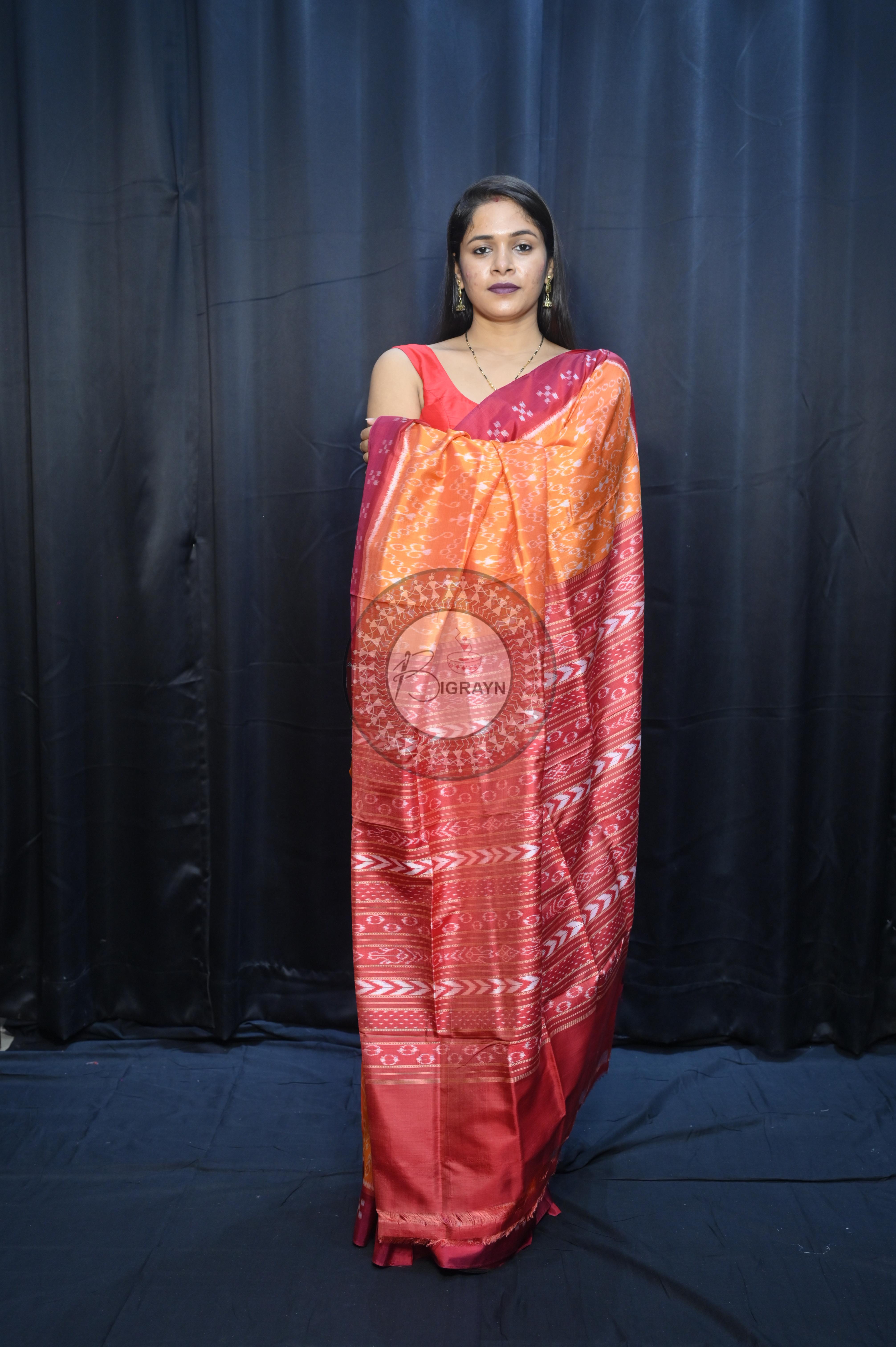 Yellow Maroon Tribal Design Mulberry Silk Saree