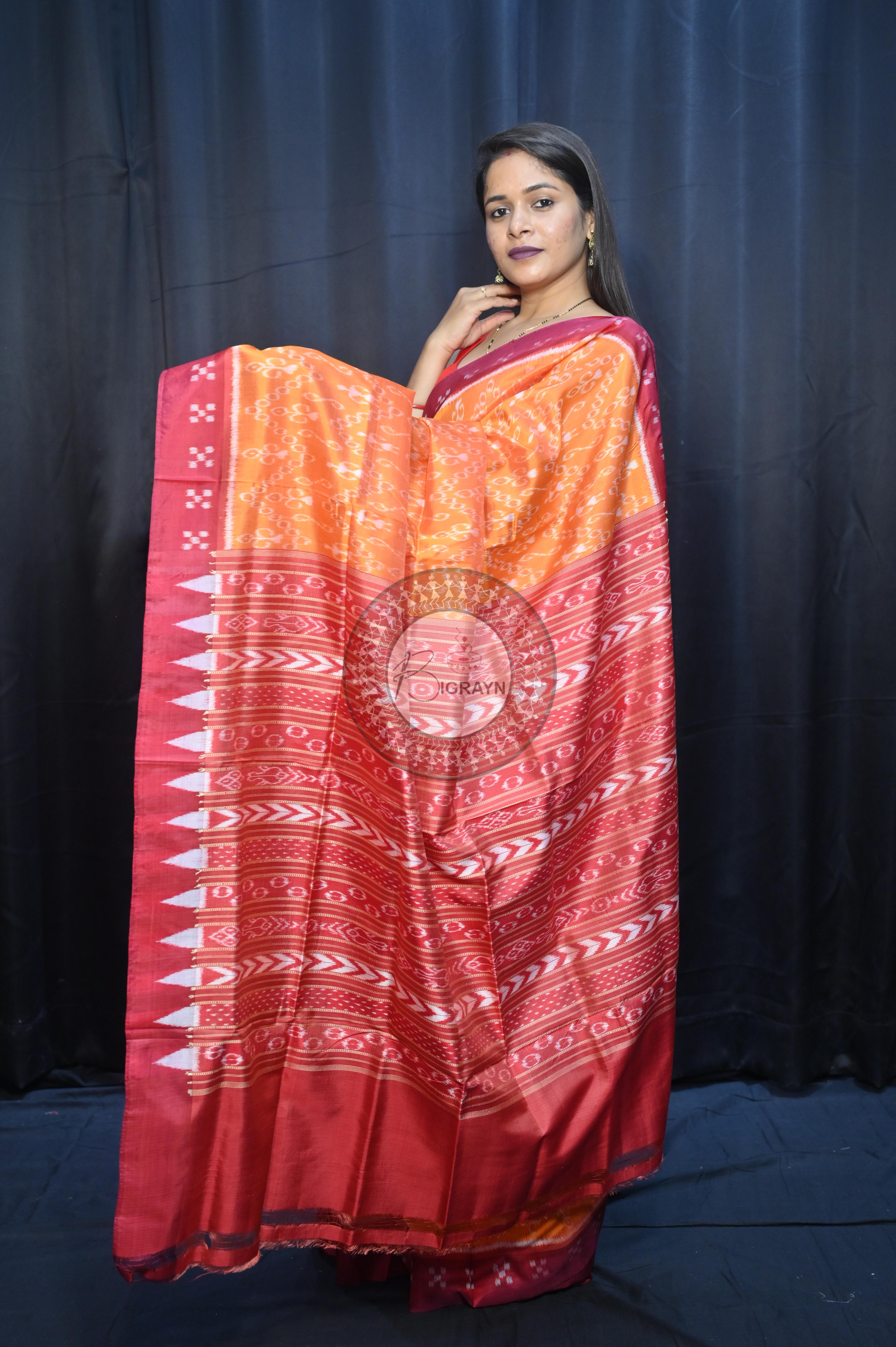 Yellow Maroon Tribal Design Mulberry Silk Saree