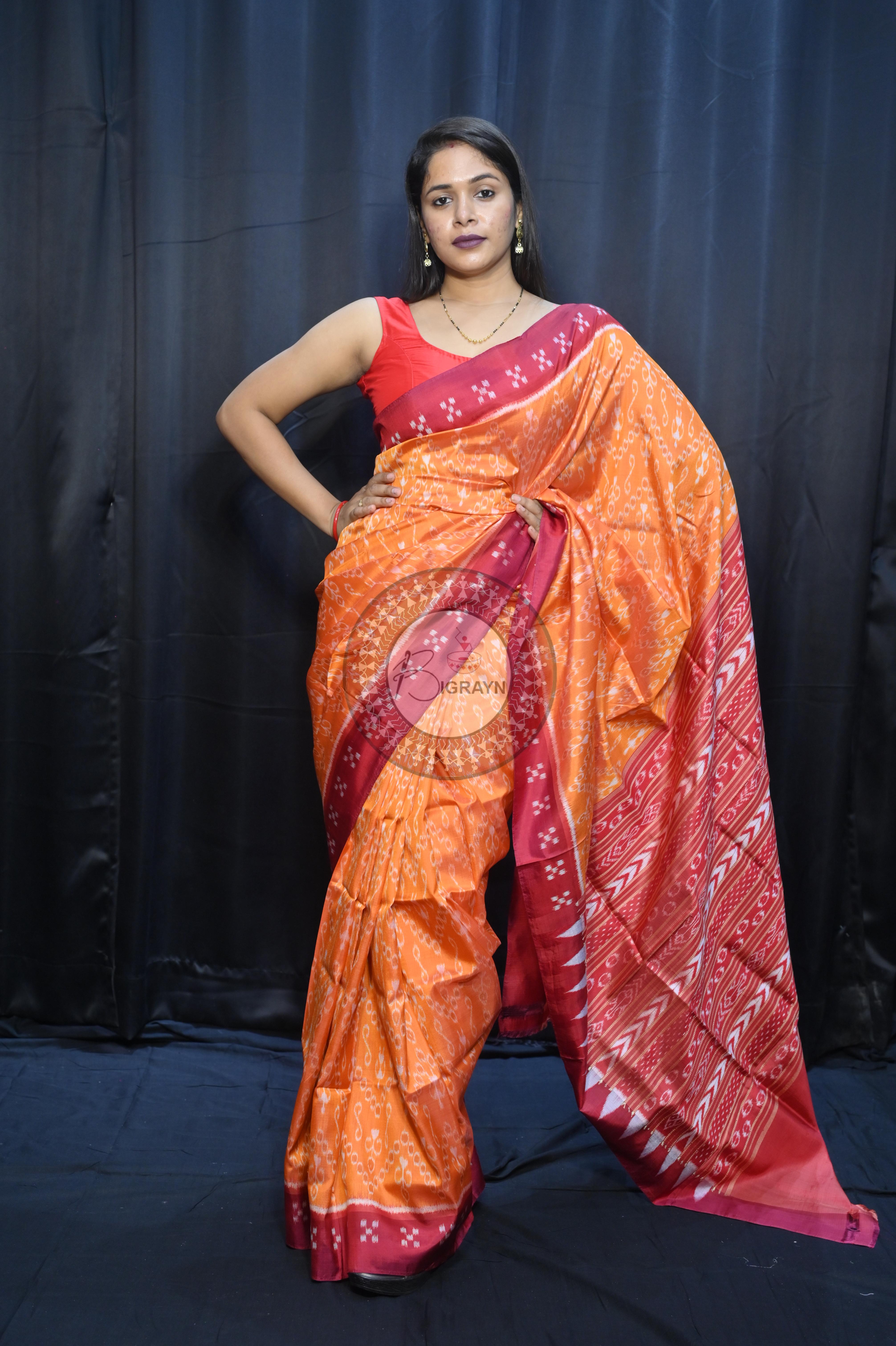 Yellow Maroon Tribal Design Mulberry Silk Saree