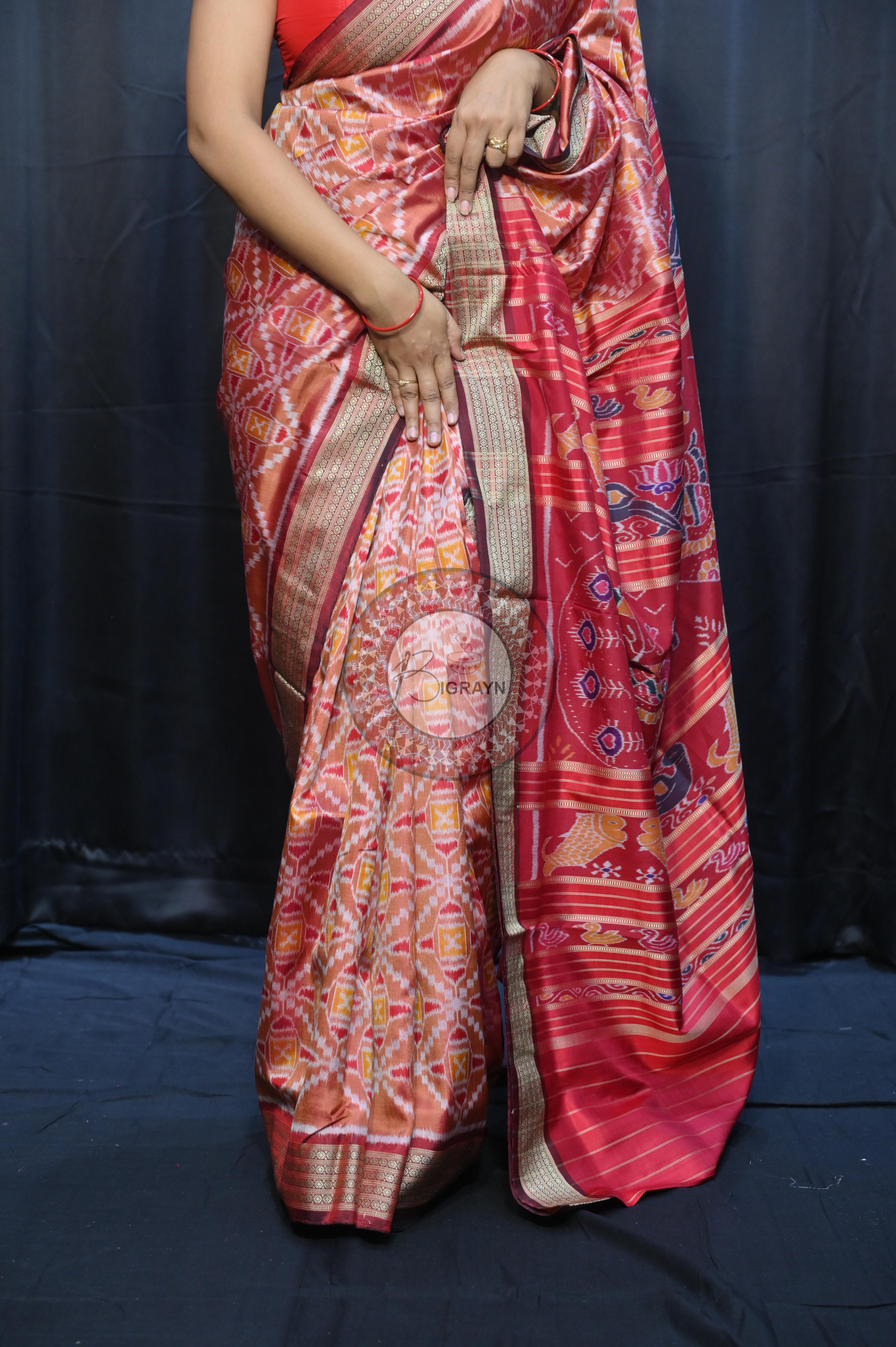 Peach Maroon Patola  Design Mulberry Silk Saree