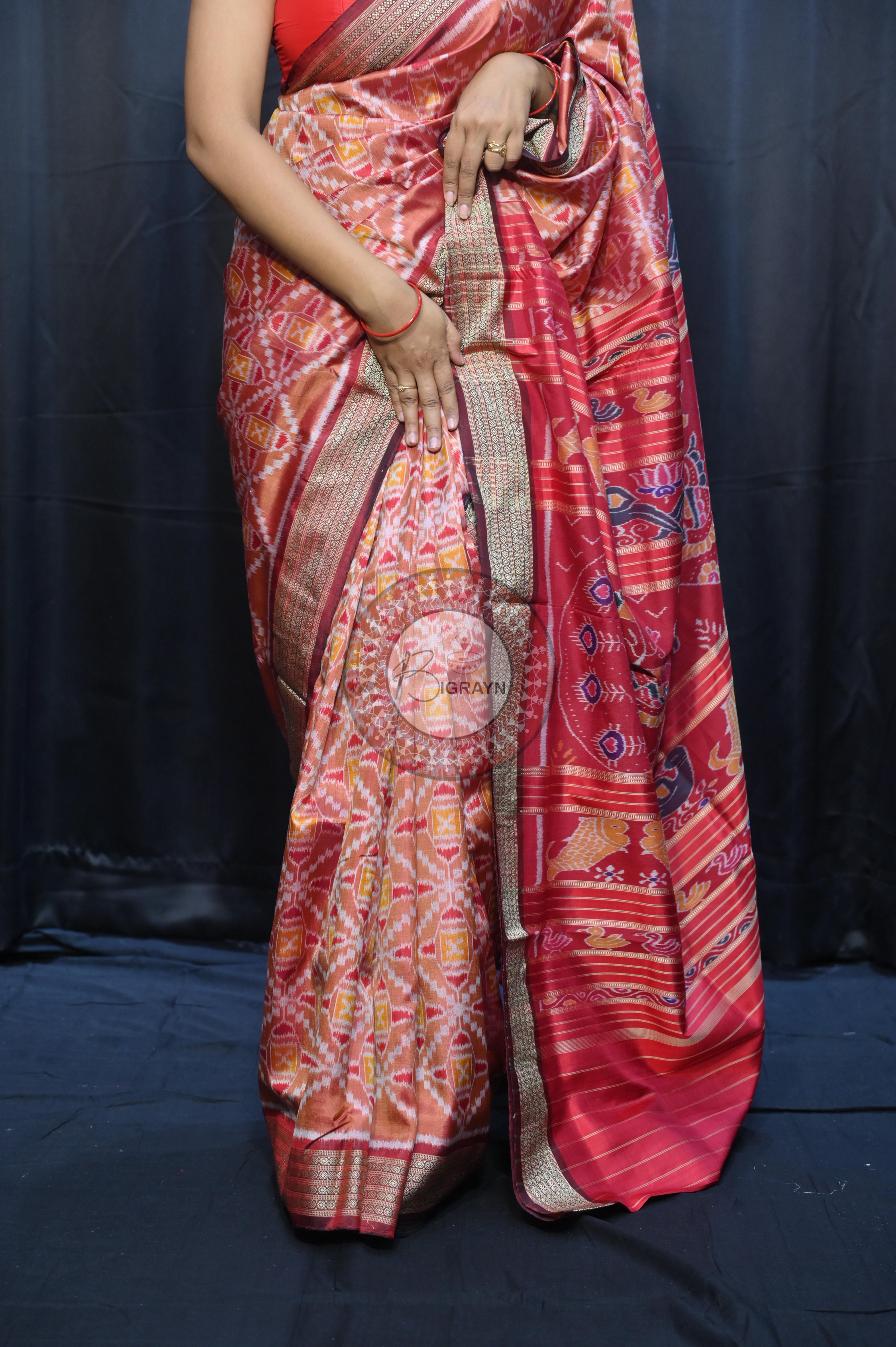 Peach Maroon Patola  Design Mulberry Silk Saree