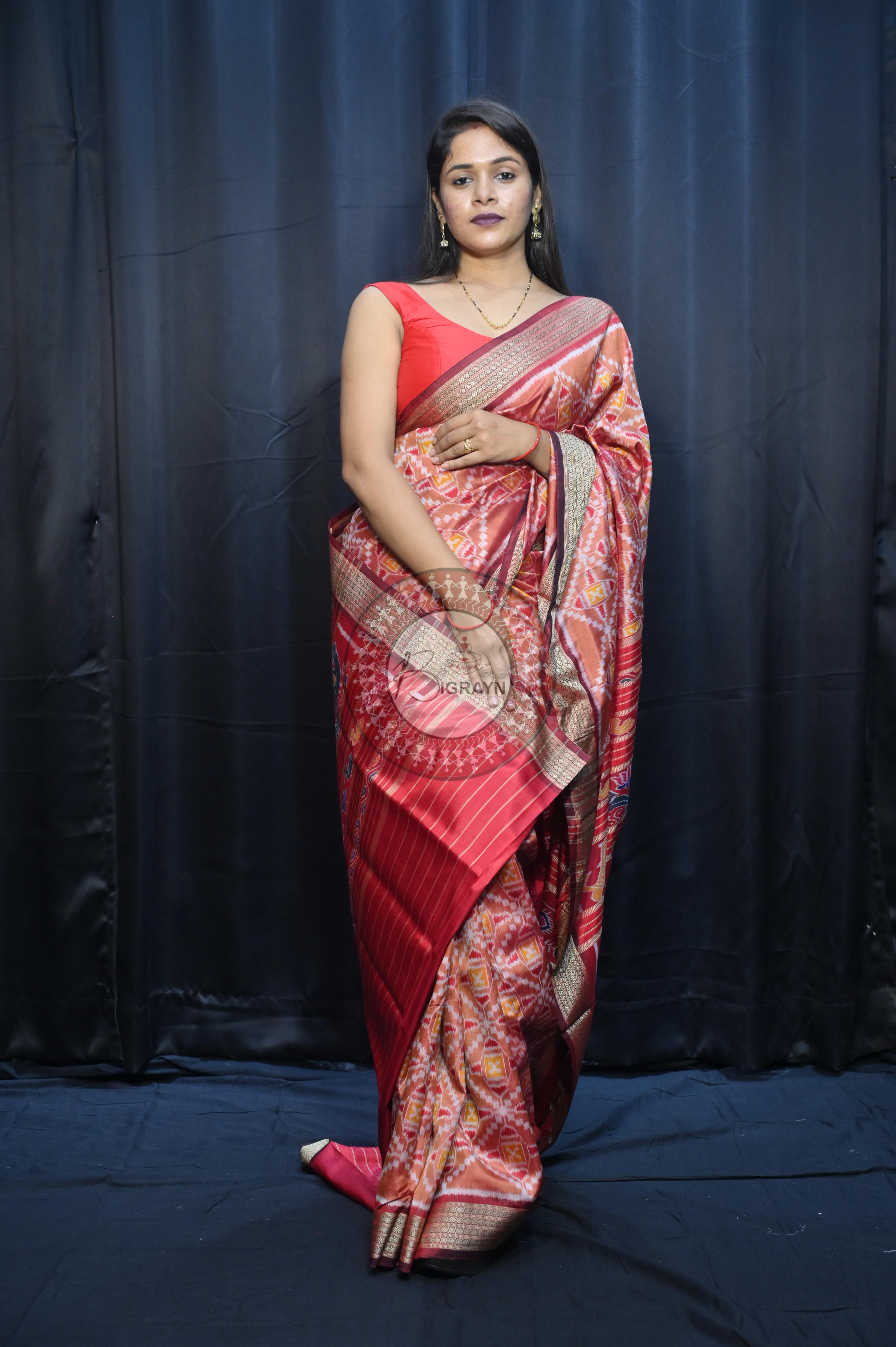 Peach Maroon Patola  Design Mulberry Silk Saree