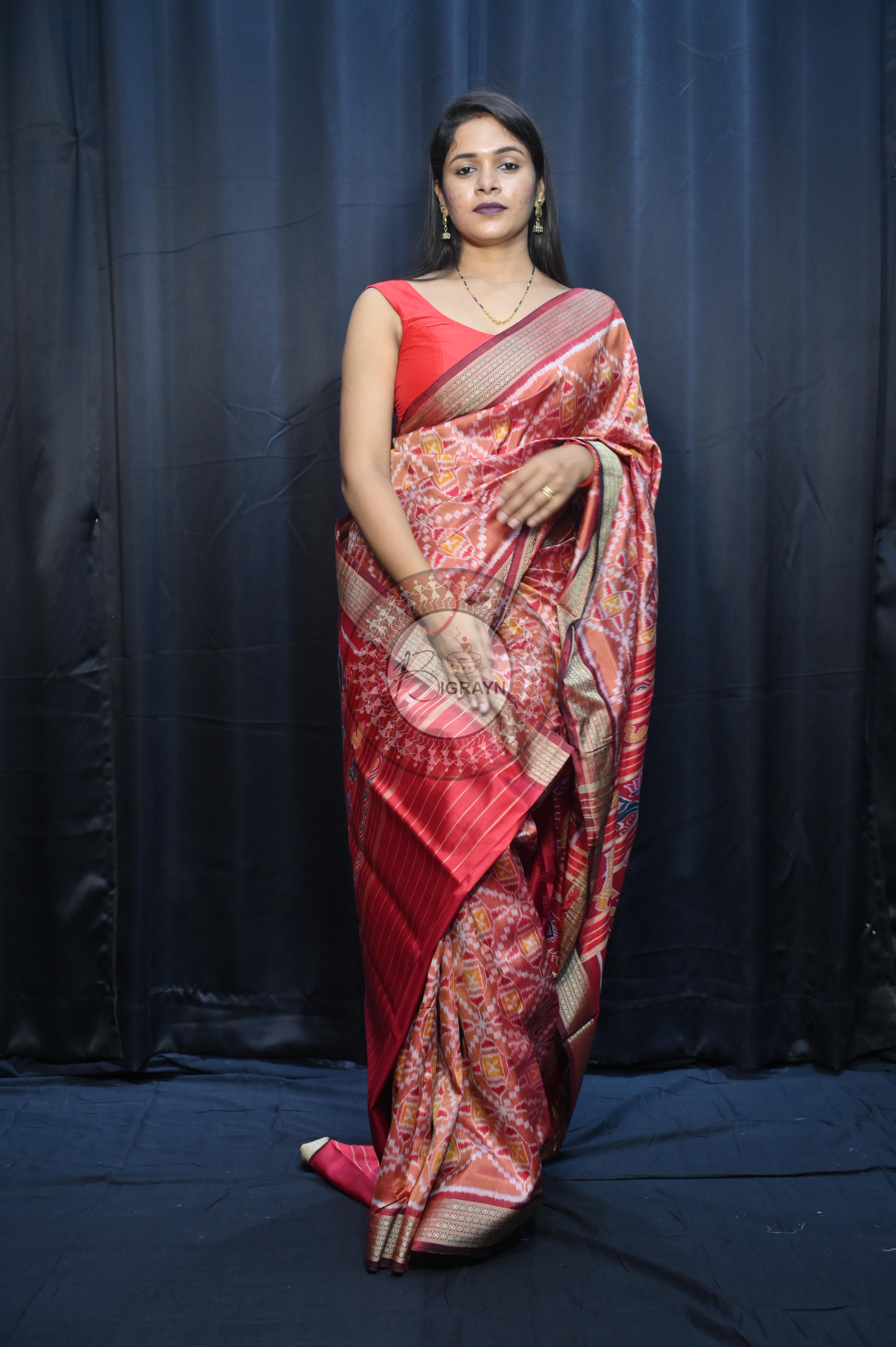 Peach Maroon Patola  Design Mulberry Silk Saree