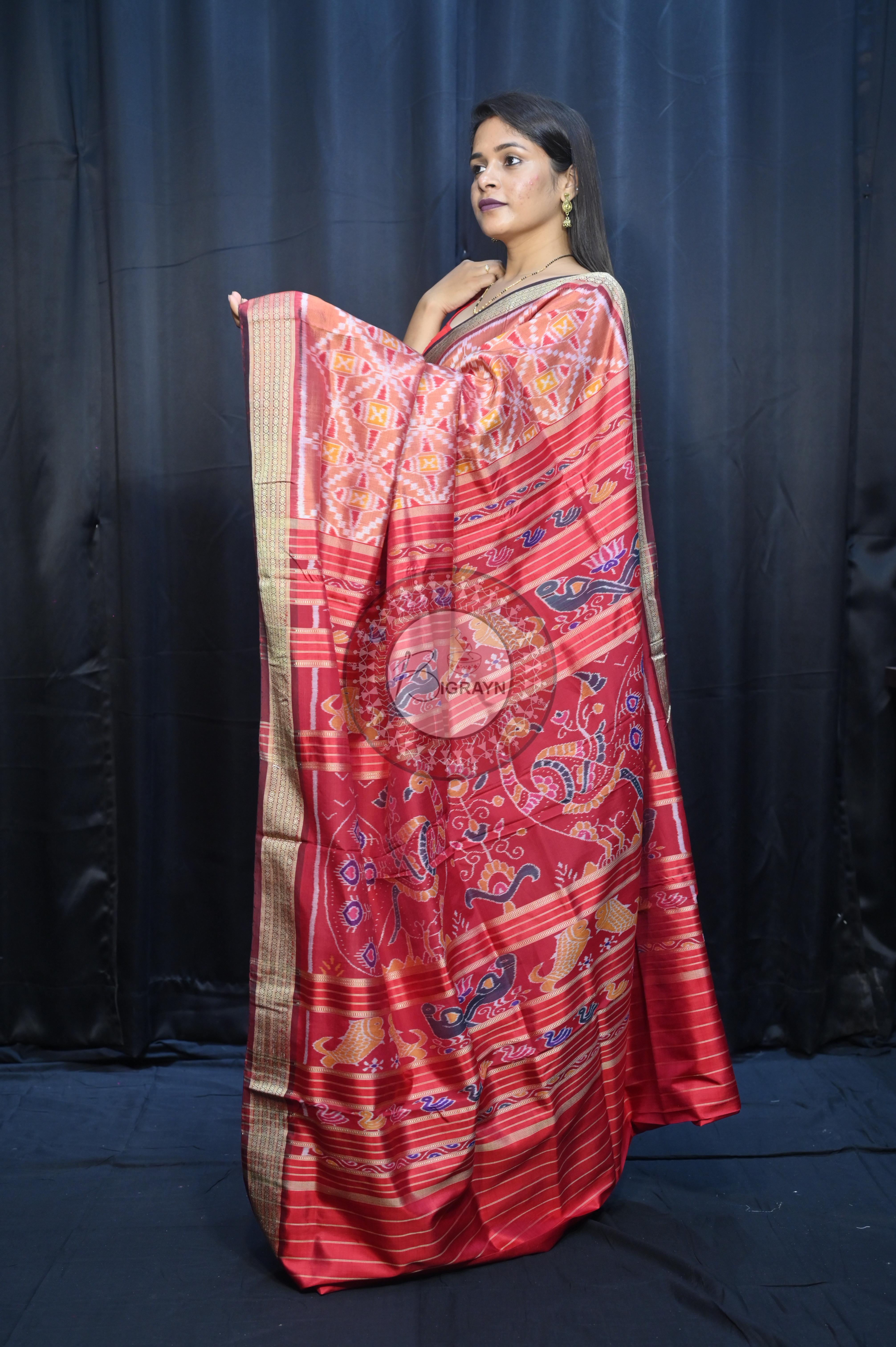 Peach Maroon Patola  Design Mulberry Silk Saree