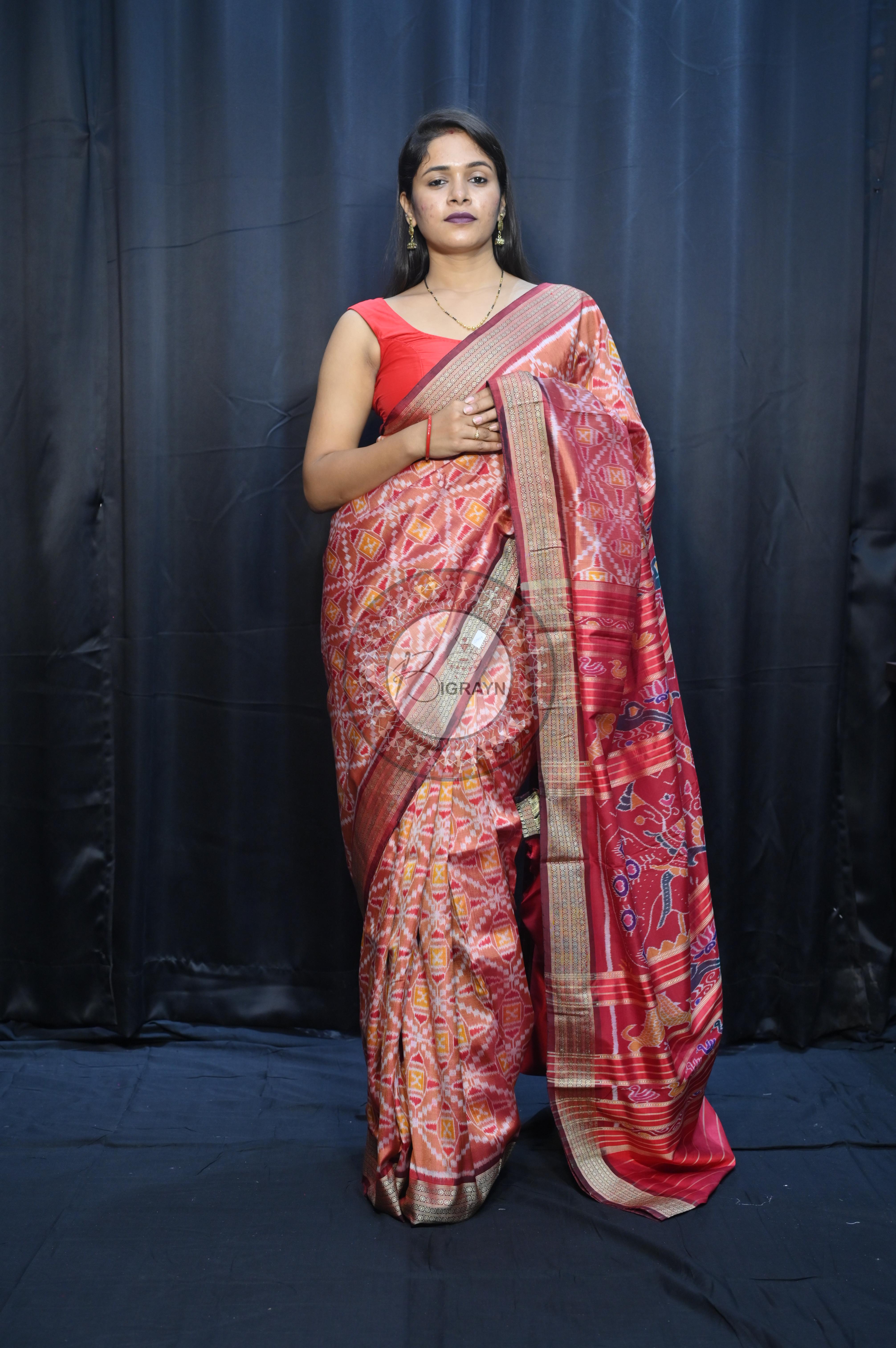 Peach Maroon Patola  Design Mulberry Silk Saree