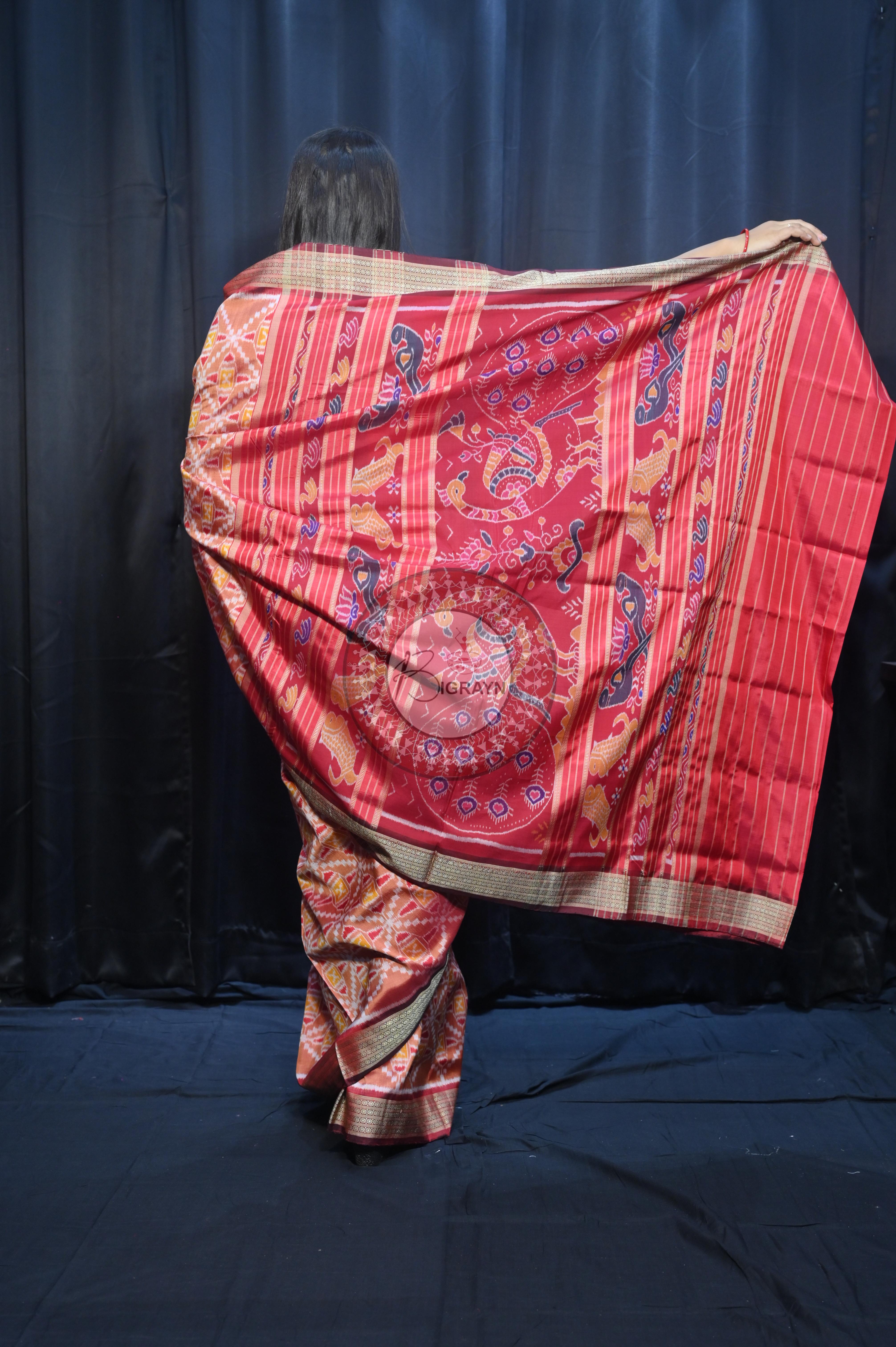 Peach Maroon Patola  Design Mulberry Silk Saree