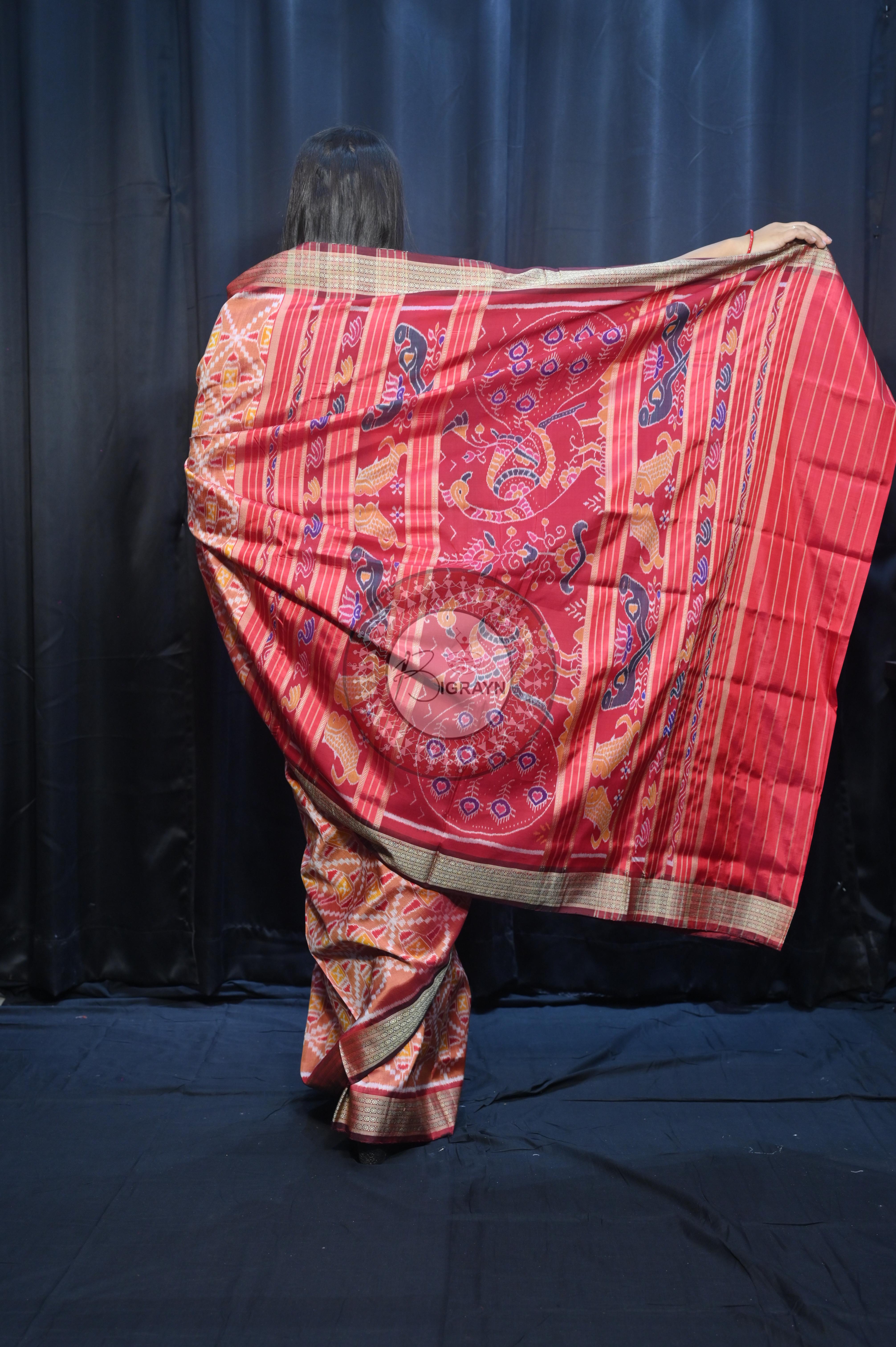 Peach Maroon Patola  Design Mulberry Silk Saree