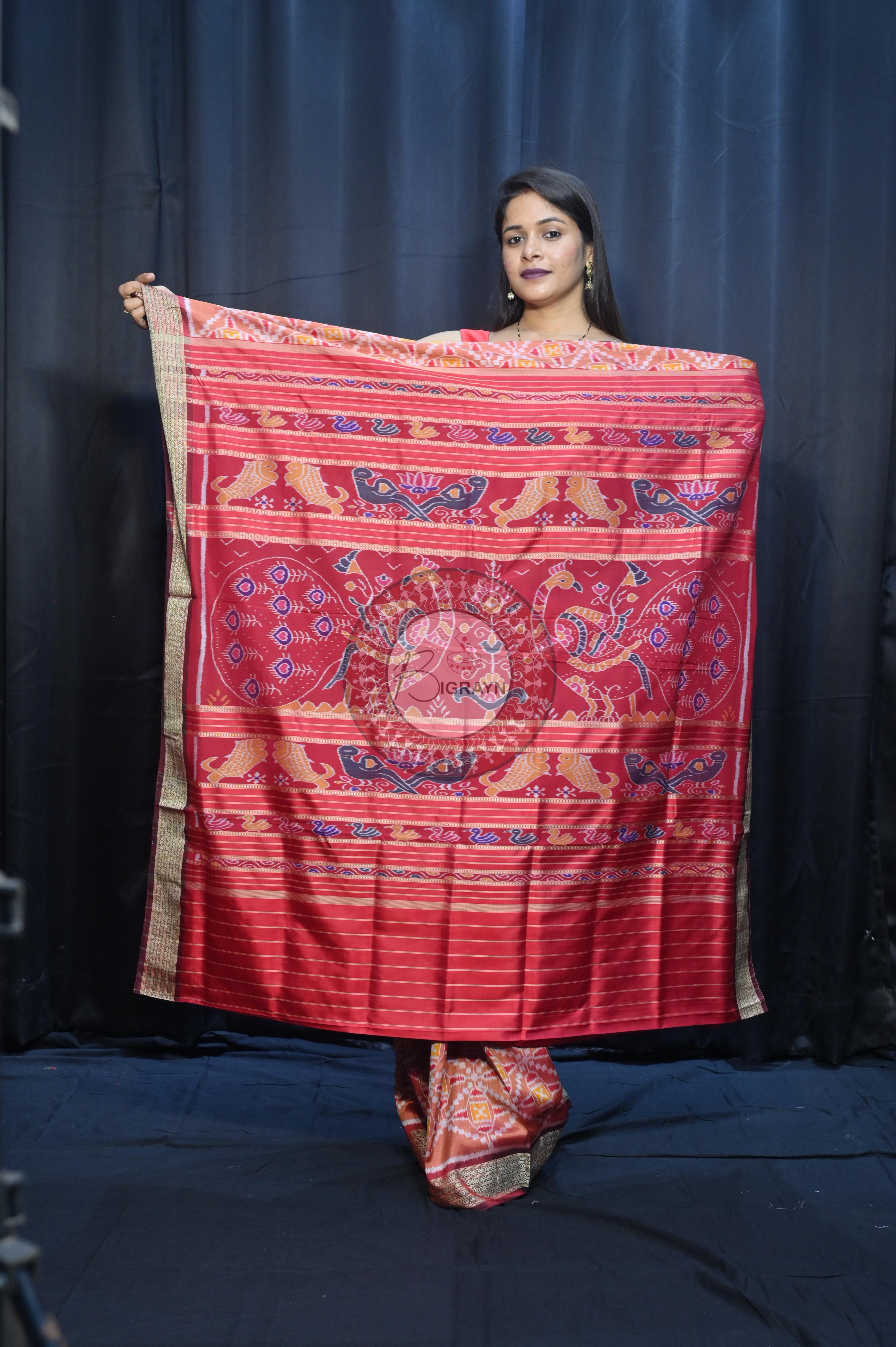 Peach Maroon Patola  Design Mulberry Silk Saree