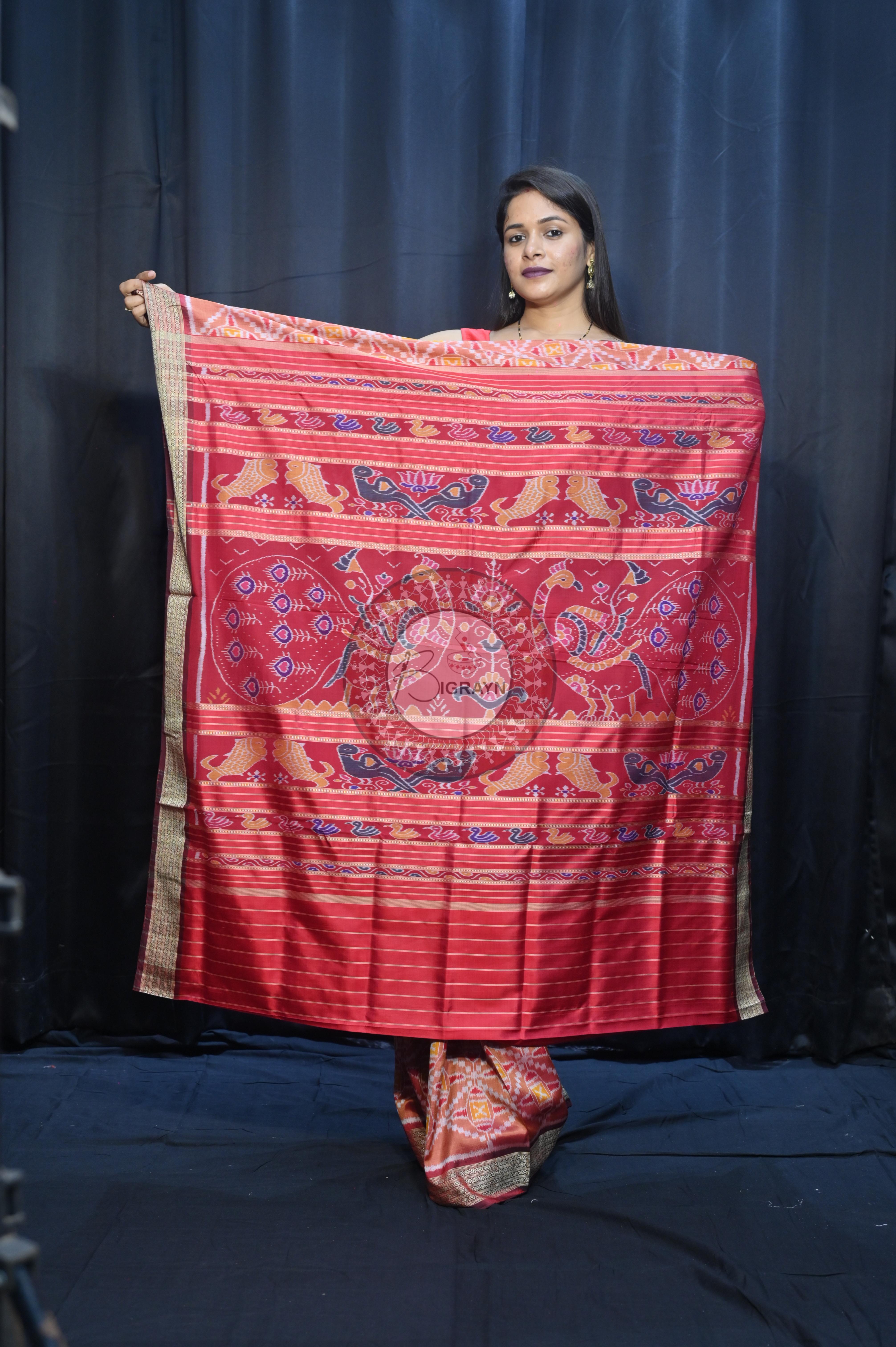 Peach Maroon Patola  Design Mulberry Silk Saree