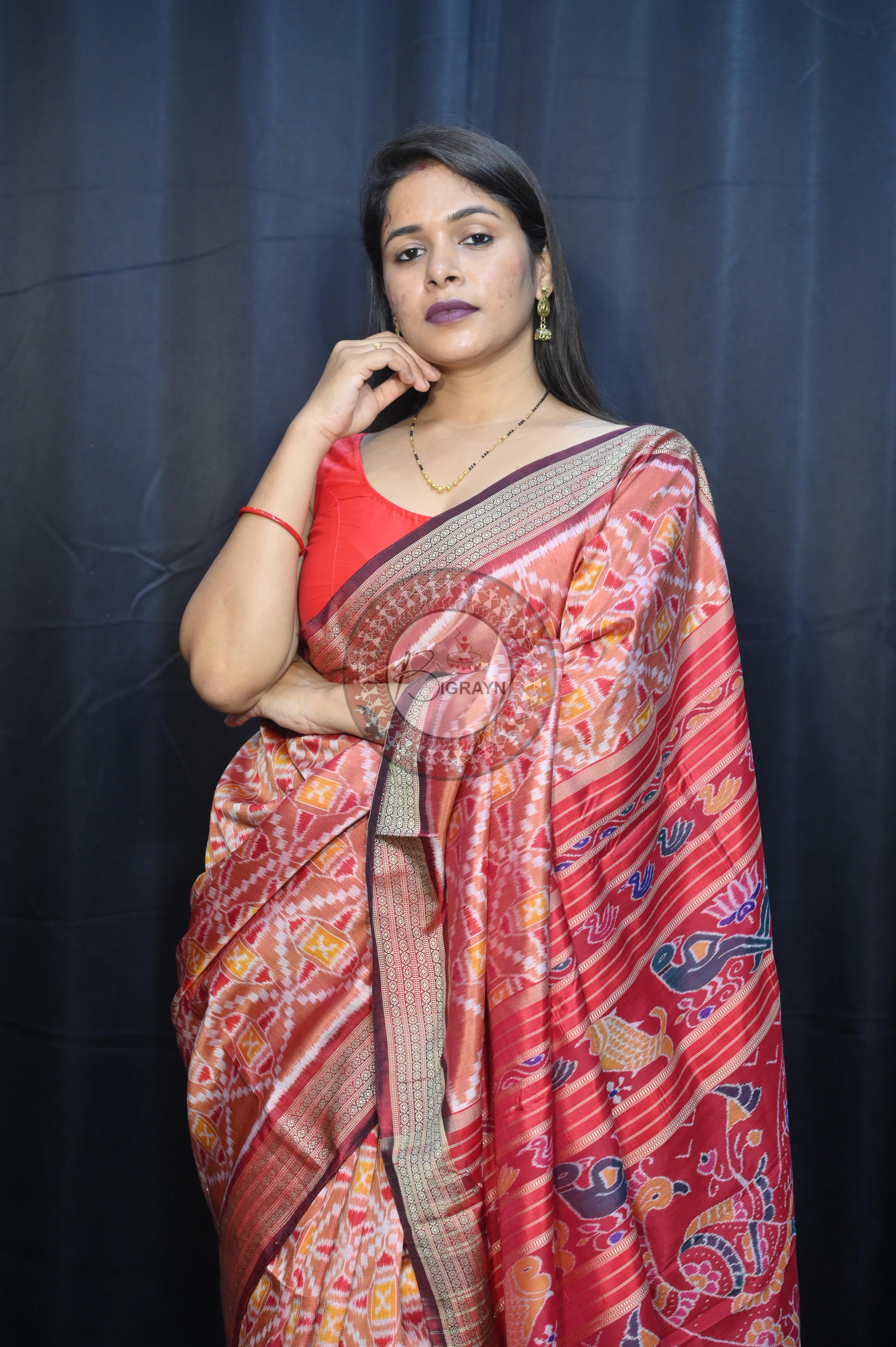 Peach Maroon Patola  Design Mulberry Silk Saree