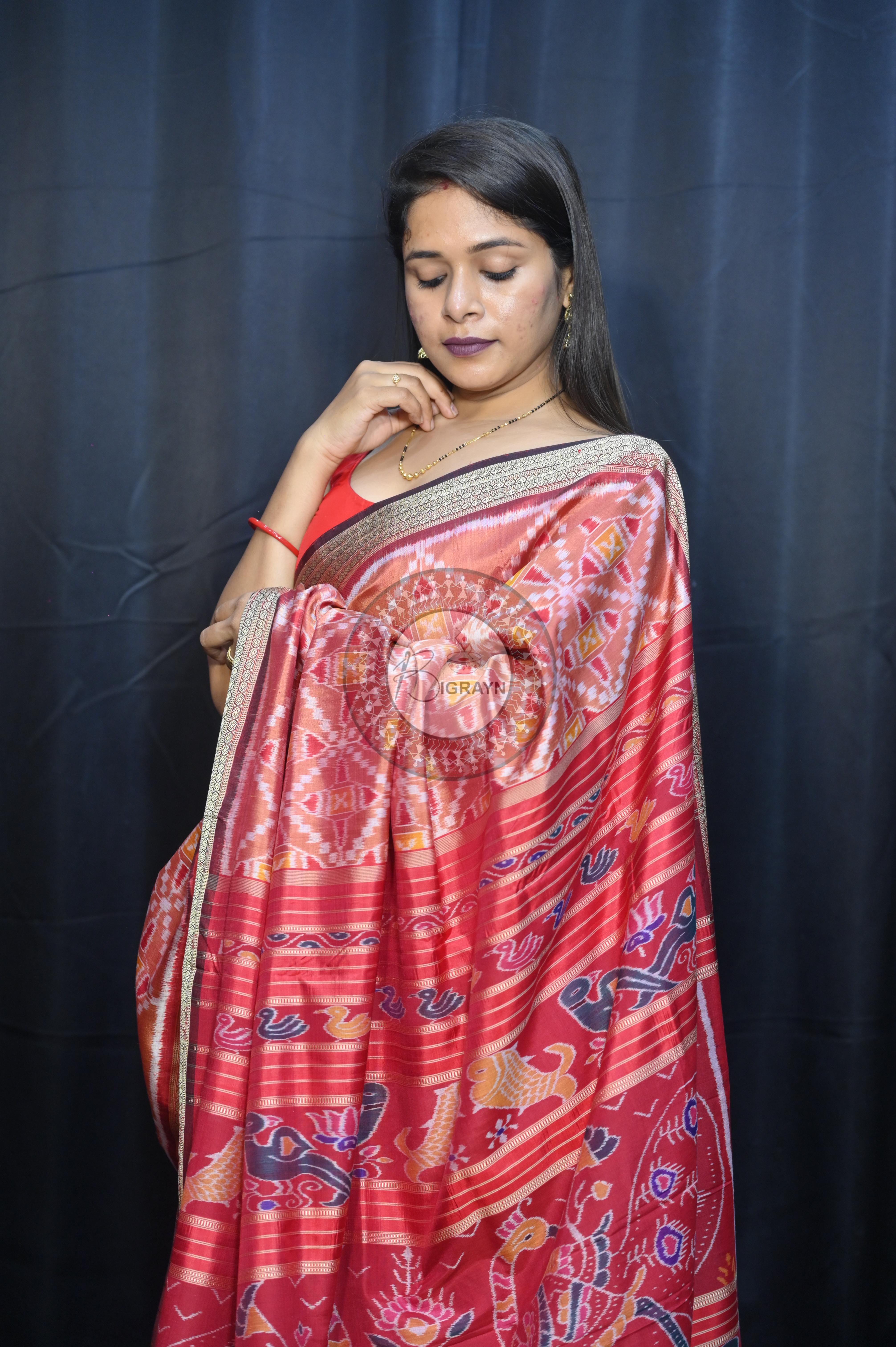 Peach Maroon Patola  Design Mulberry Silk Saree