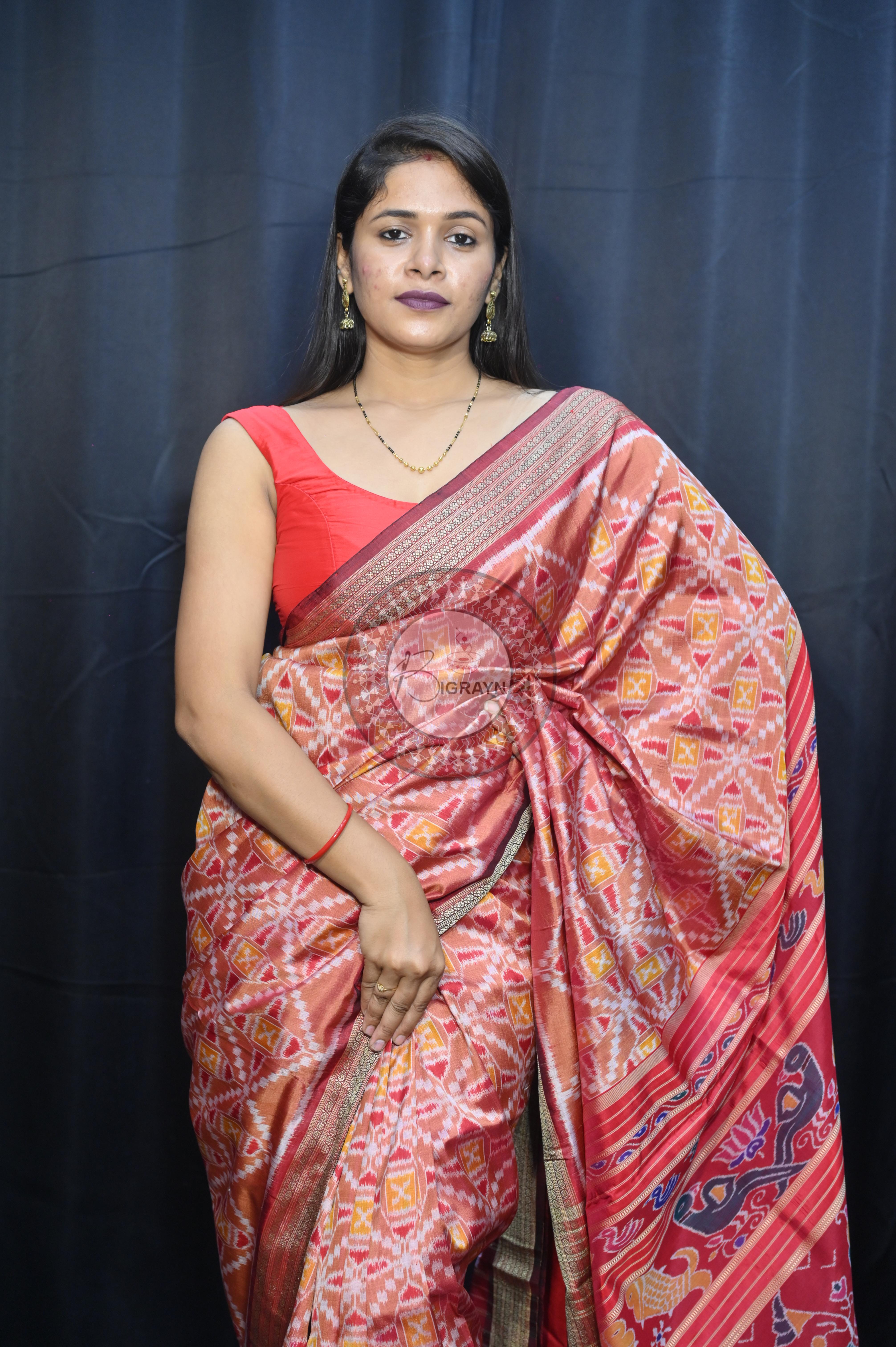 Peach Maroon Patola  Design Mulberry Silk Saree