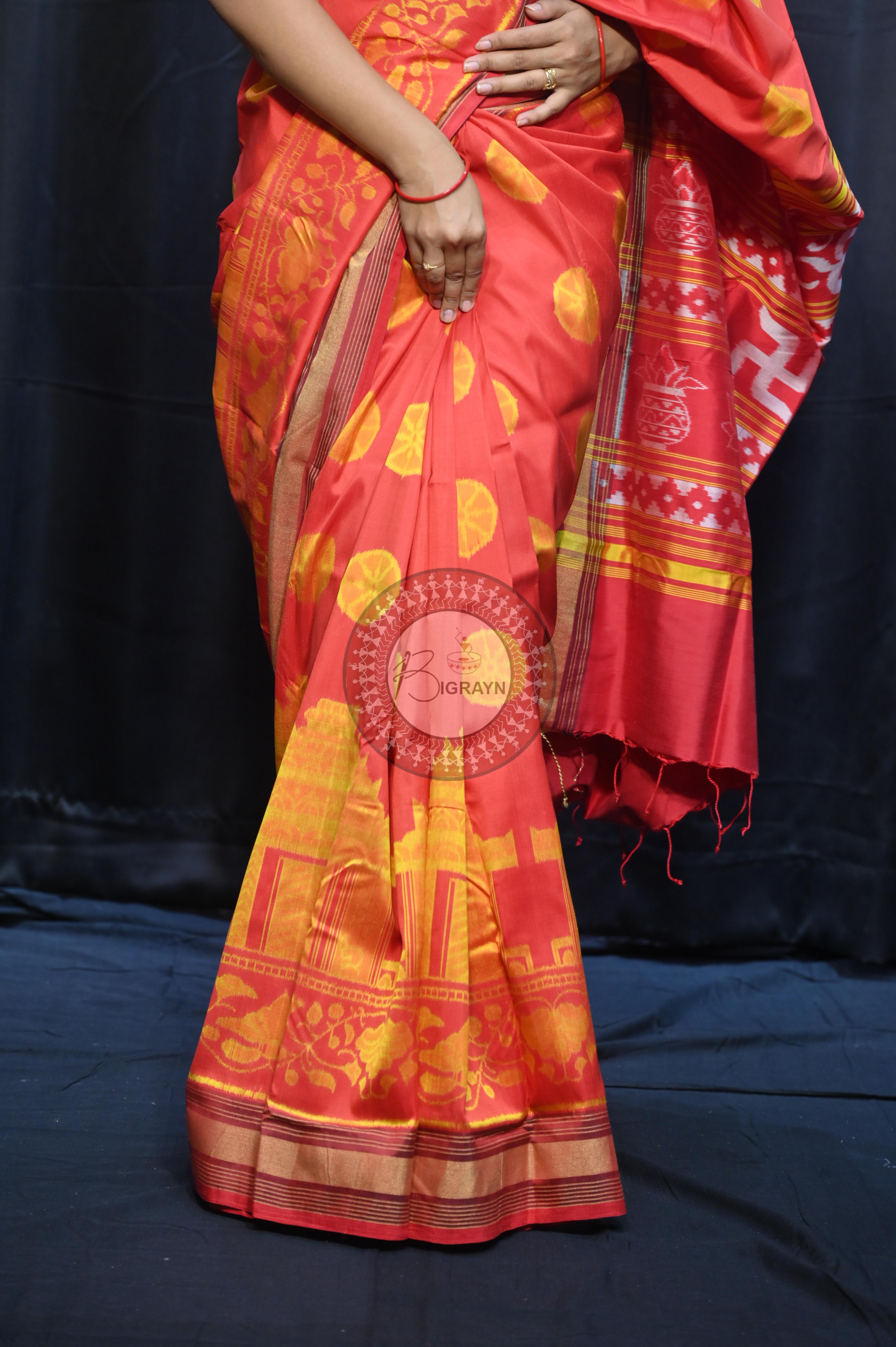 Red Golden Konark Wheel Design Mulberry Silk Saree