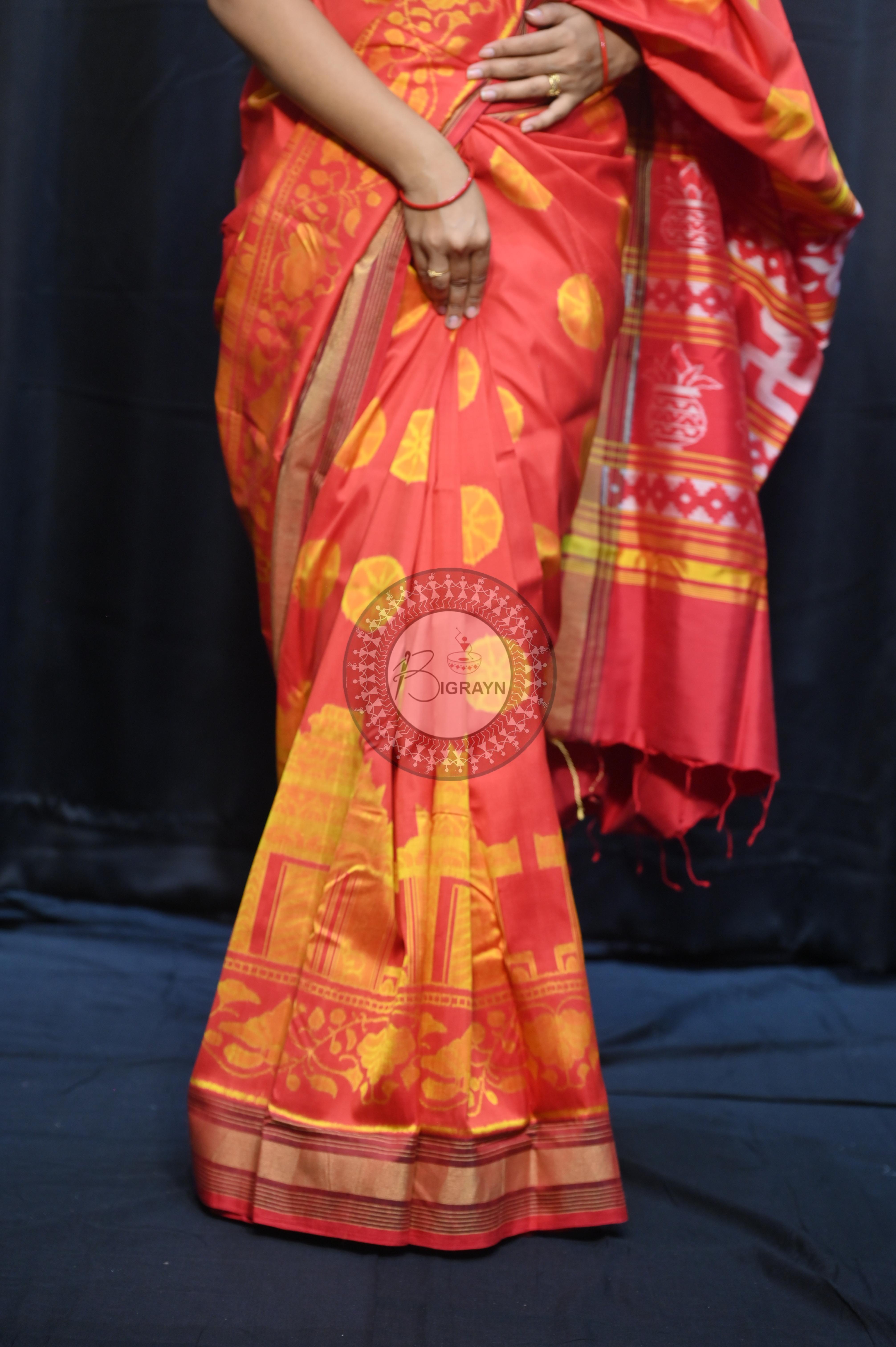 Red Golden Konark Wheel Design Mulberry Silk Saree