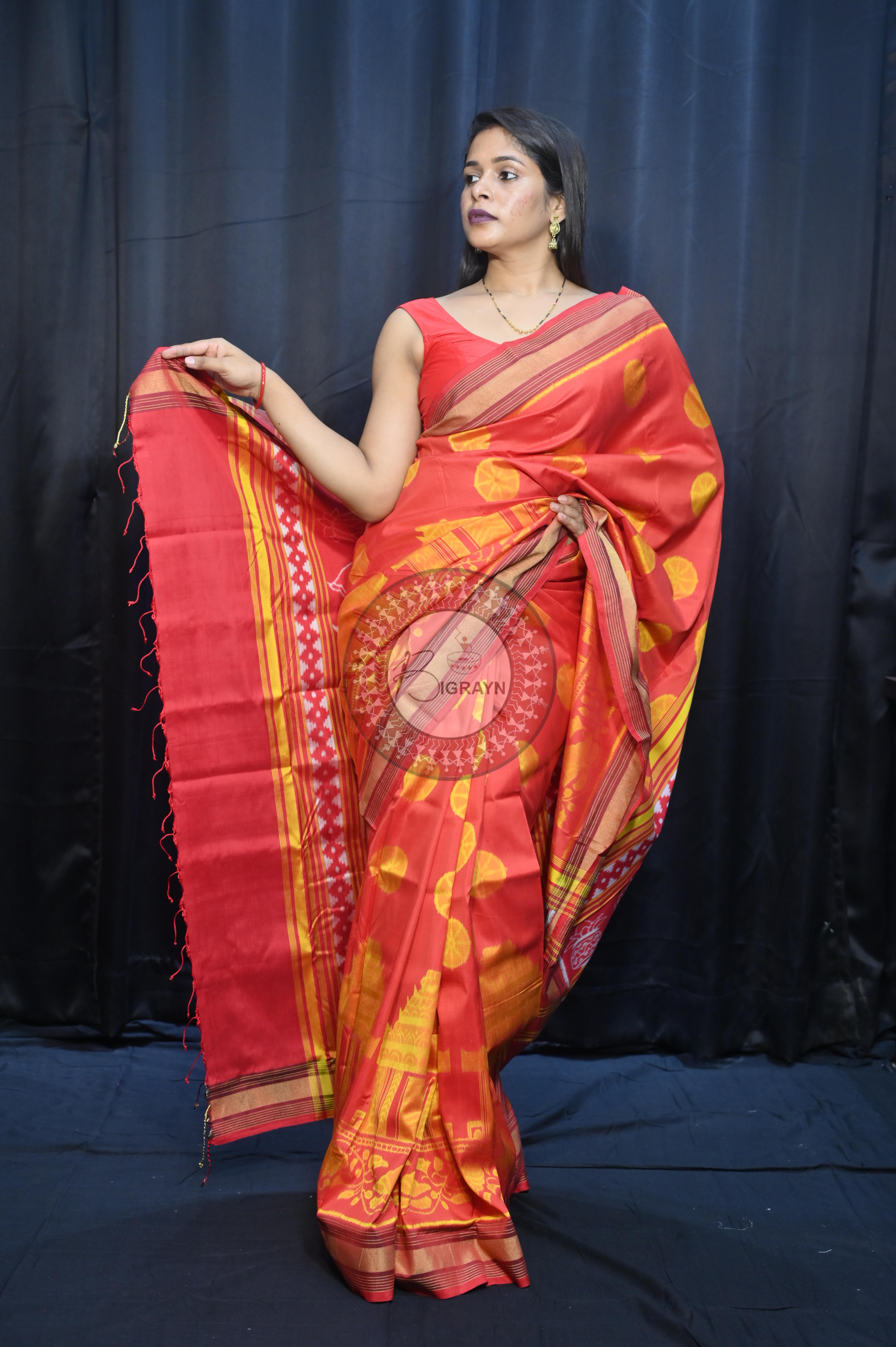 Red Golden Konark Wheel Design Mulberry Silk Saree