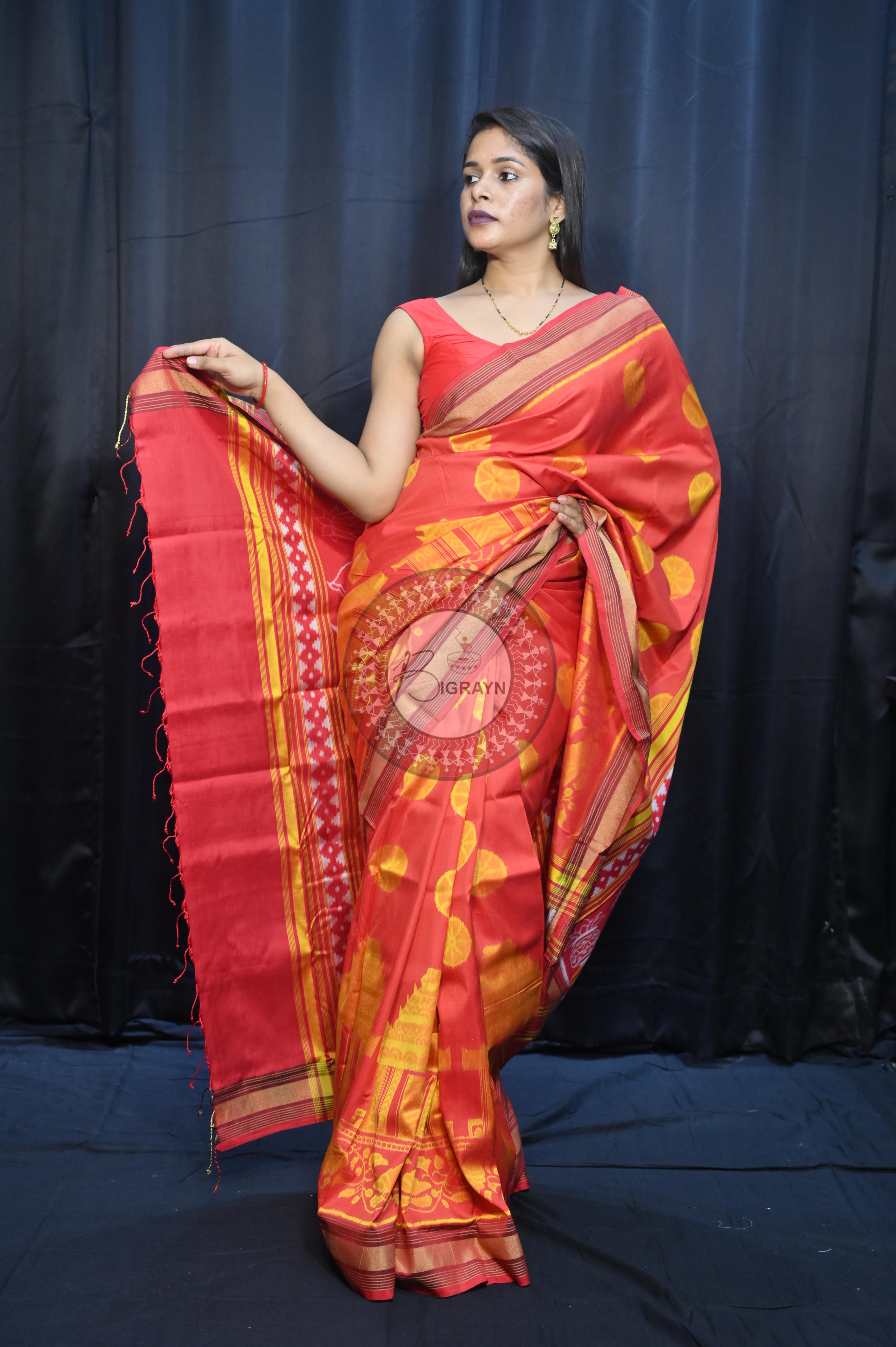 Red Golden Konark Wheel Design Mulberry Silk Saree