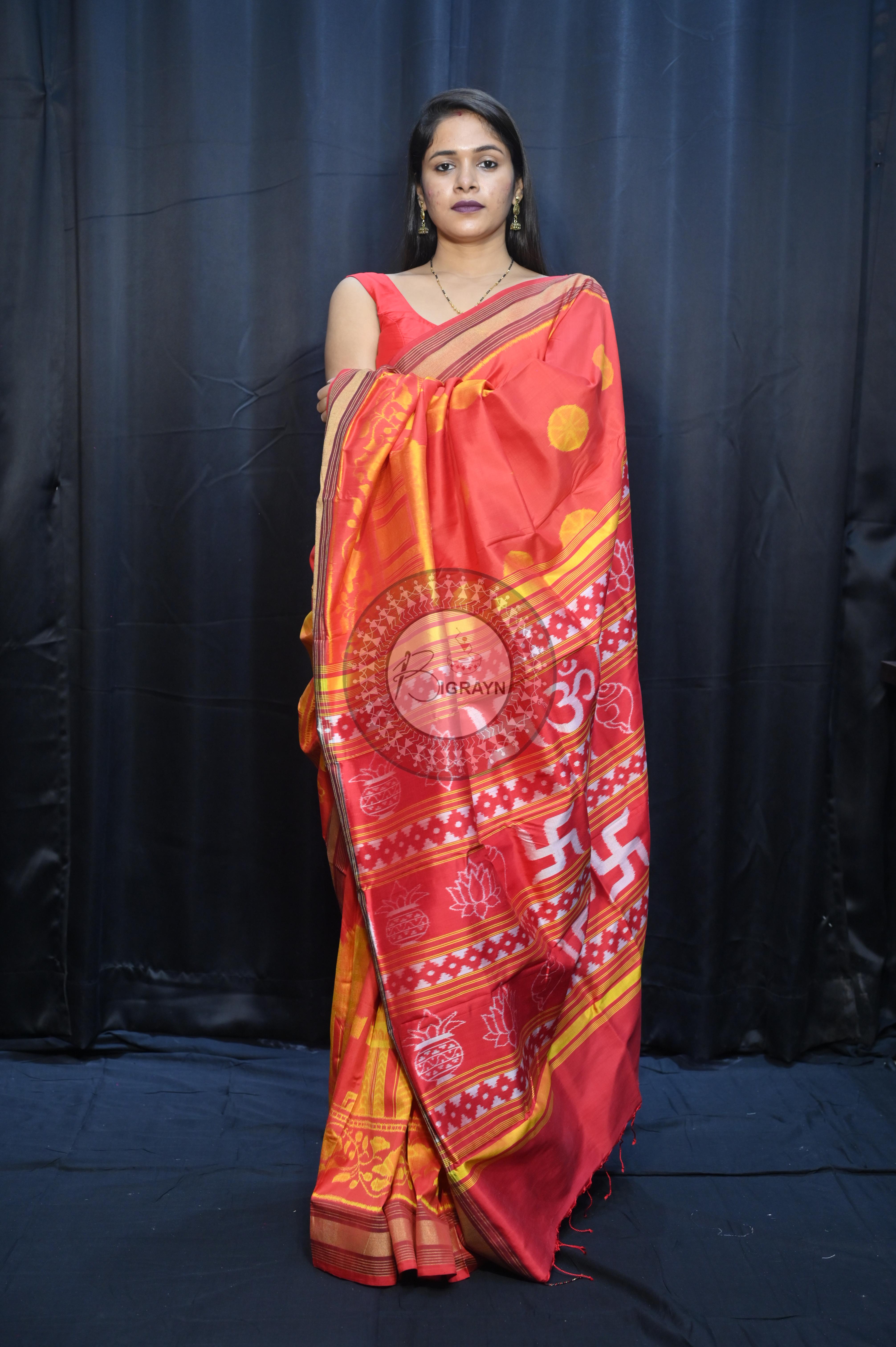 Red Golden Konark Wheel Design Mulberry Silk Saree