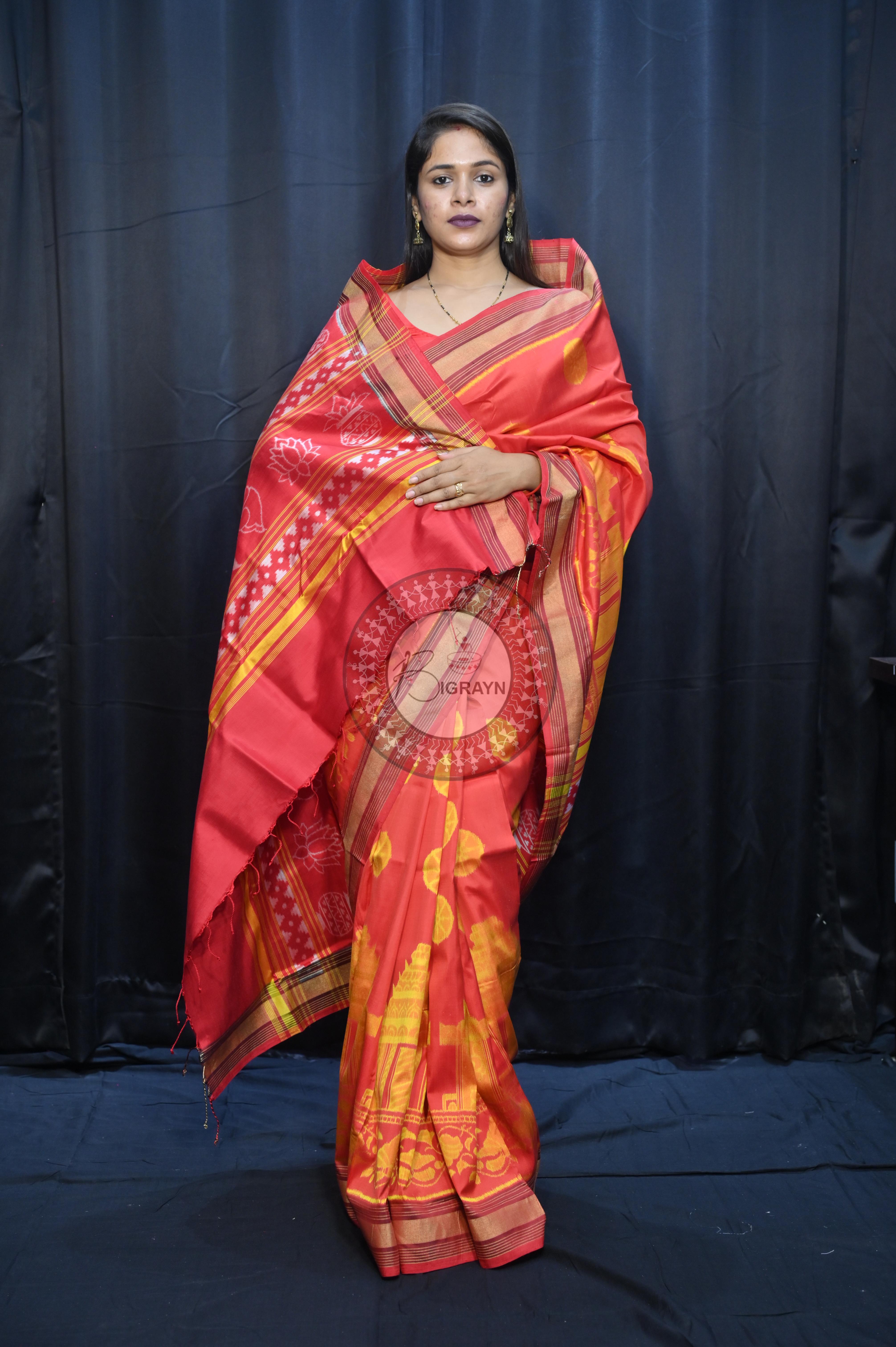 Red Golden Konark Wheel Design Mulberry Silk Saree