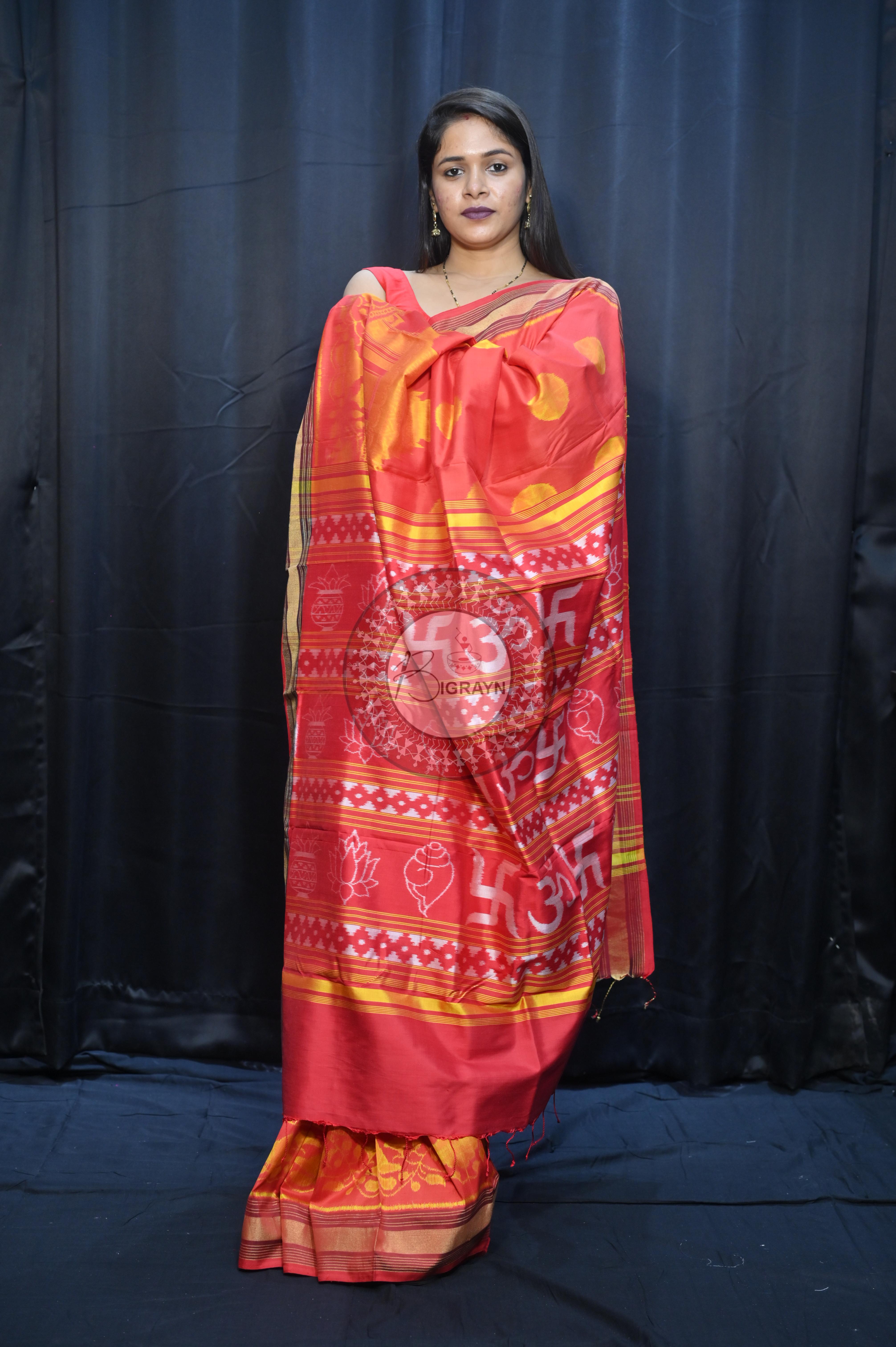 Red Golden Konark Wheel Design Mulberry Silk Saree