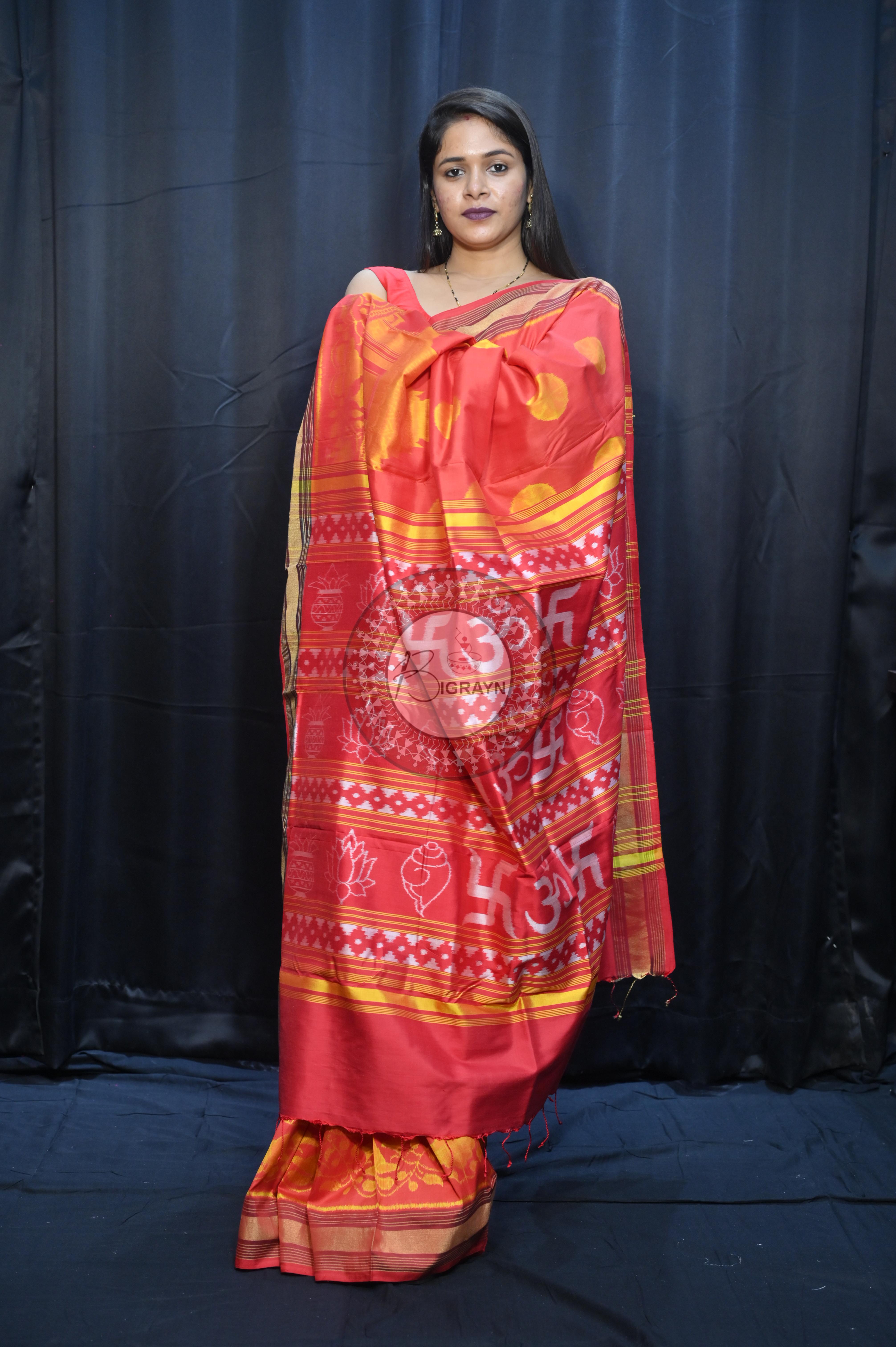 Red Golden Konark Wheel Design Mulberry Silk Saree