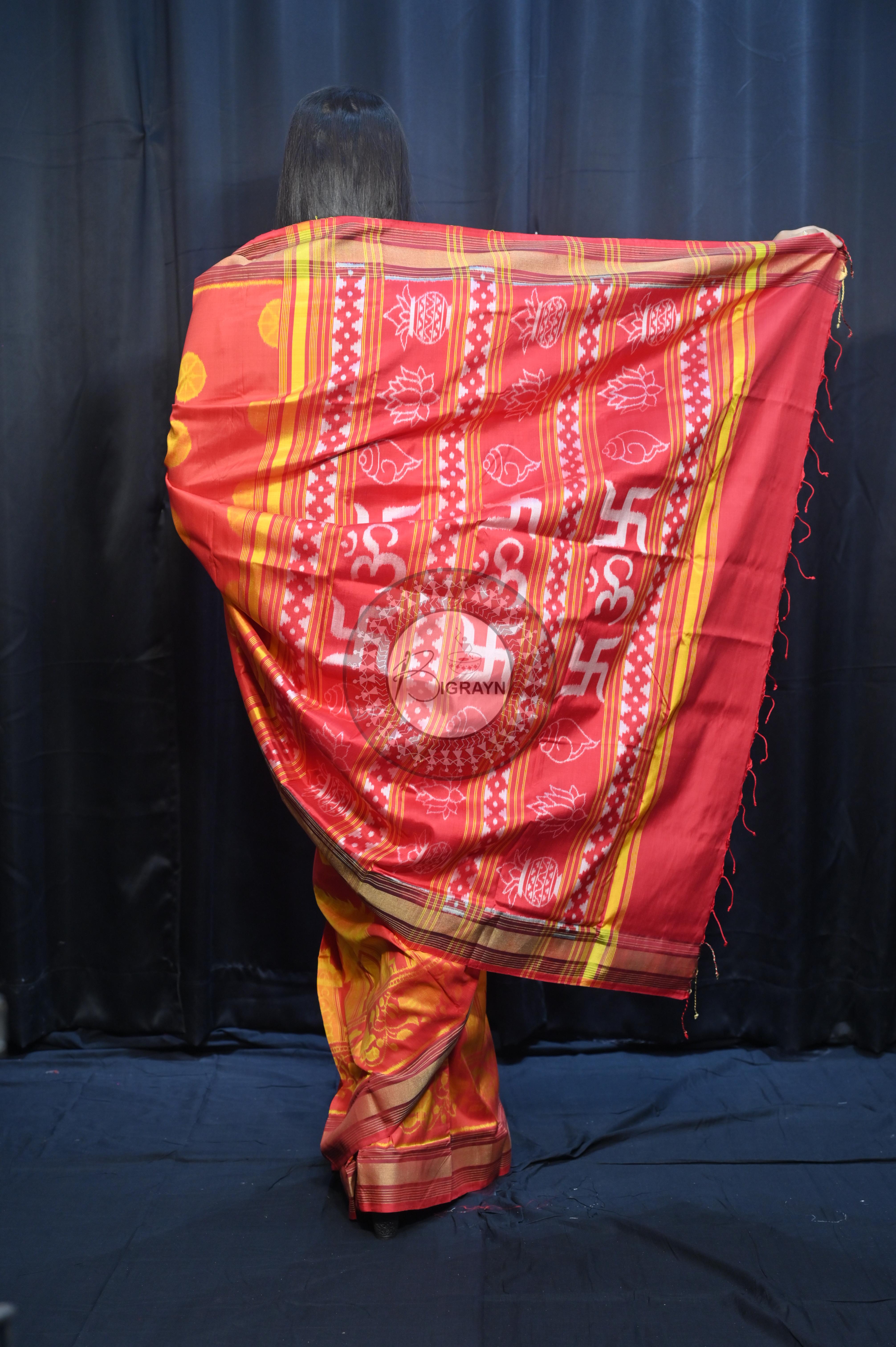 Red Golden Konark Wheel Design Mulberry Silk Saree