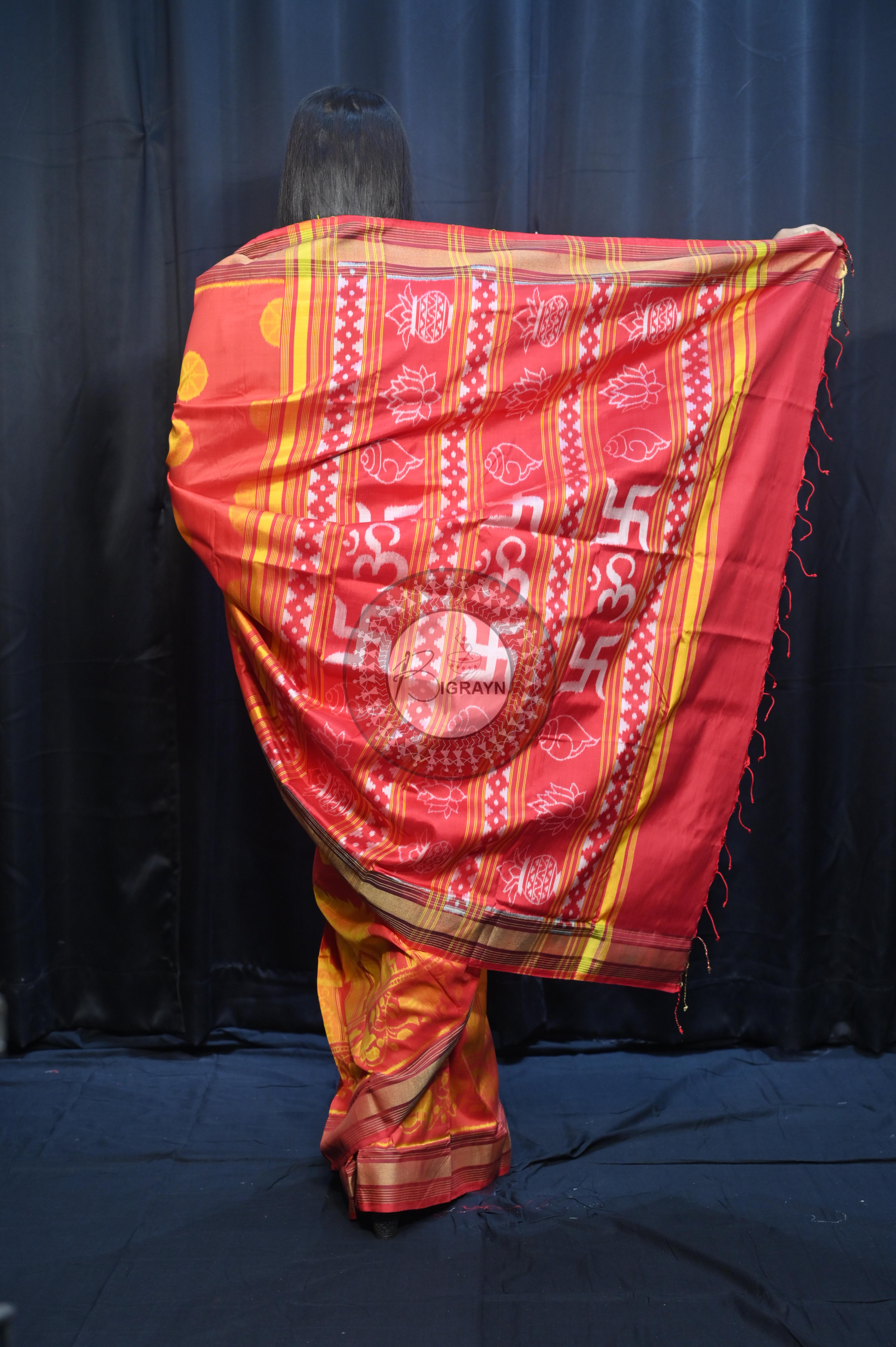Red Golden Konark Wheel Design Mulberry Silk Saree