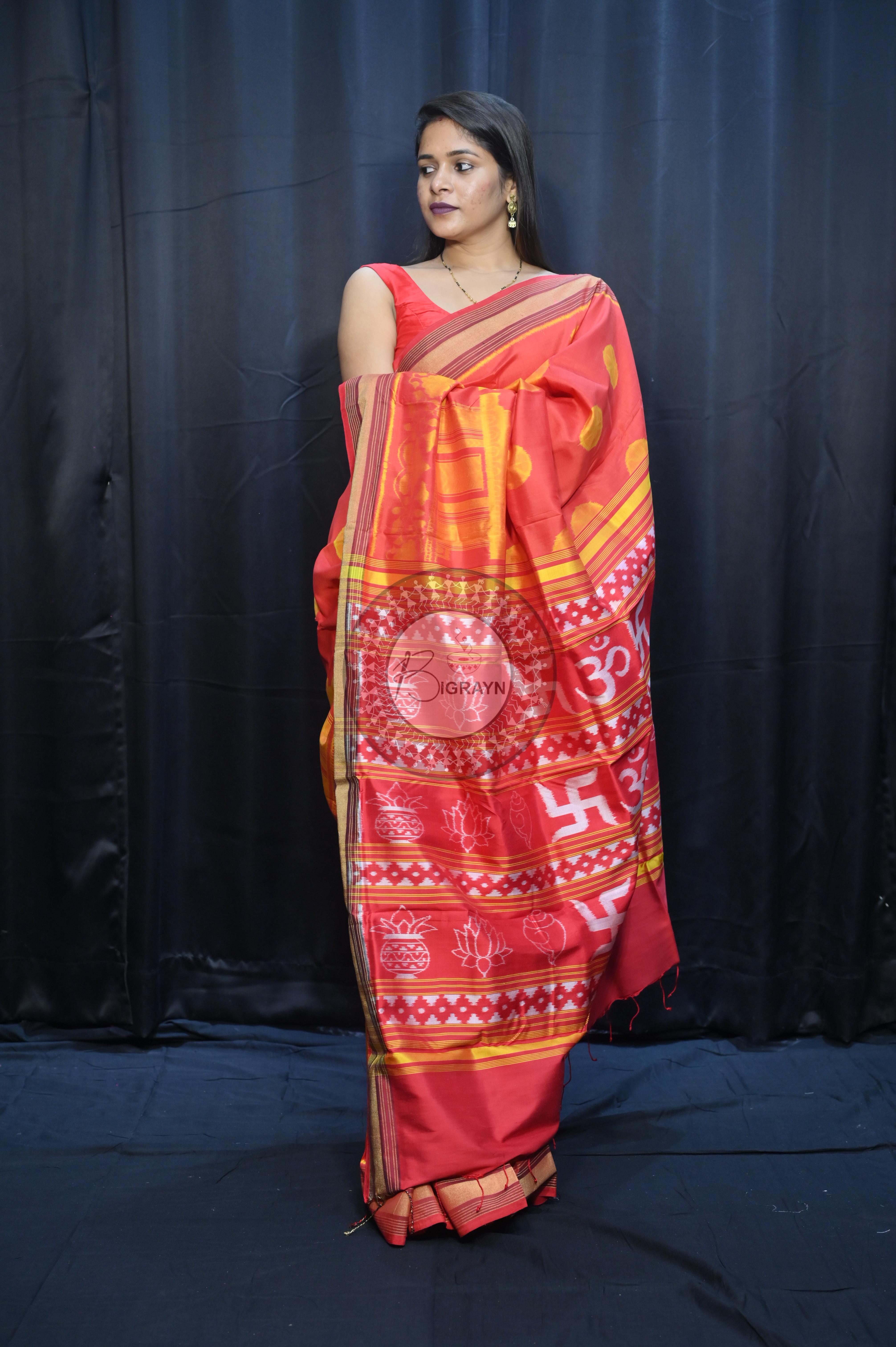 Red Golden Konark Wheel Design Mulberry Silk Saree