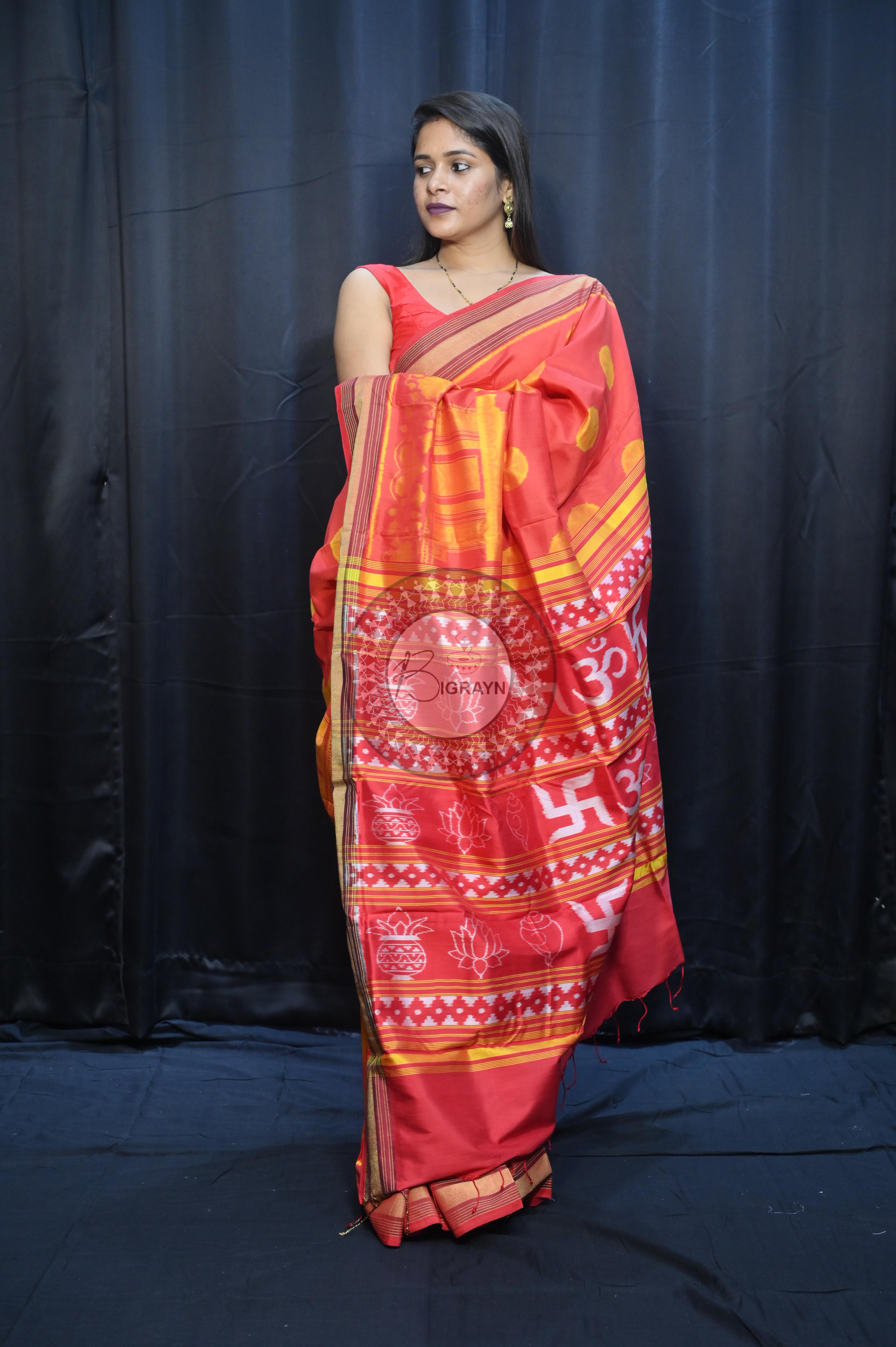 Red Golden Konark Wheel Design Mulberry Silk Saree