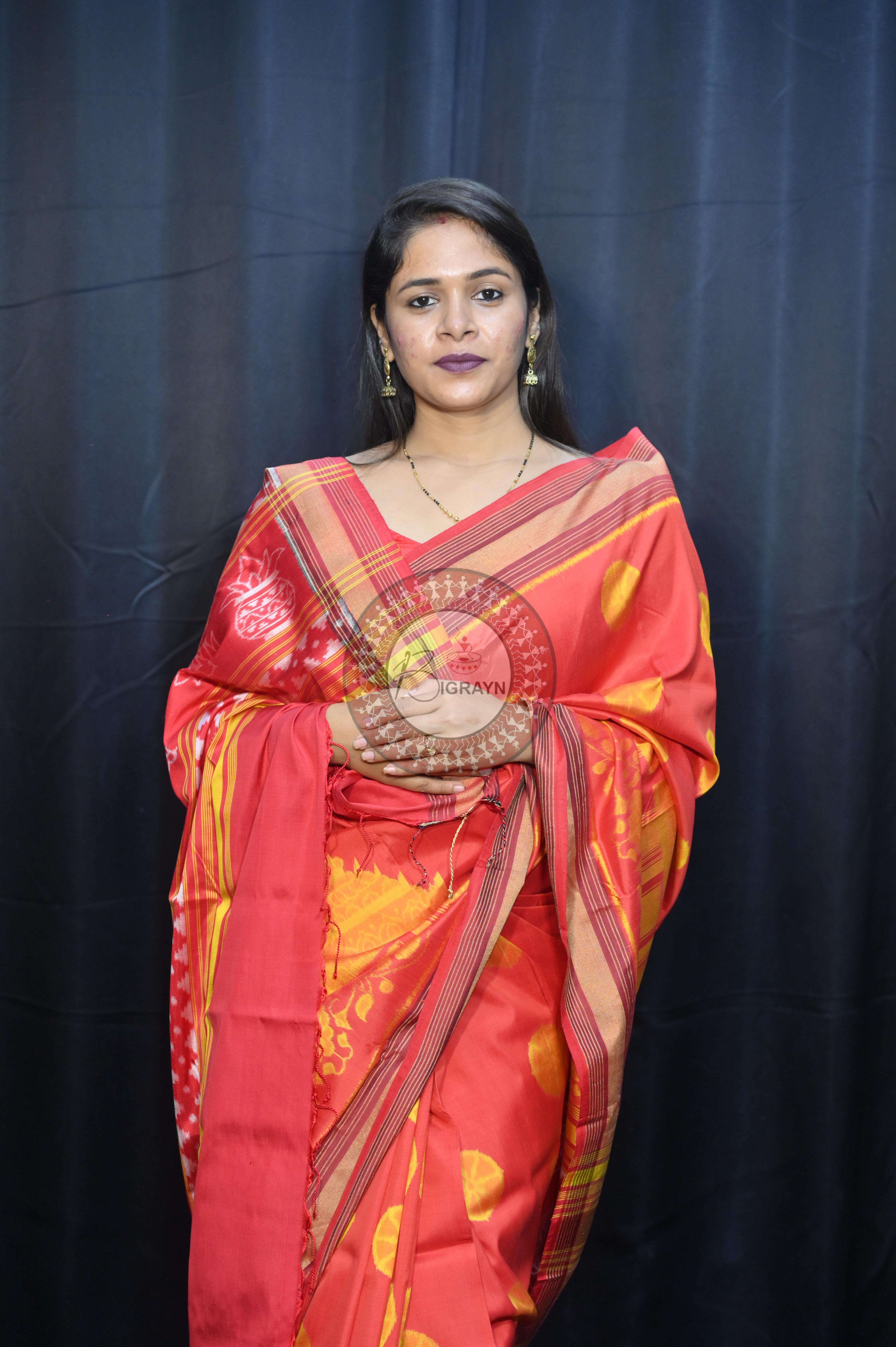 Red Golden Konark Wheel Design Mulberry Silk Saree