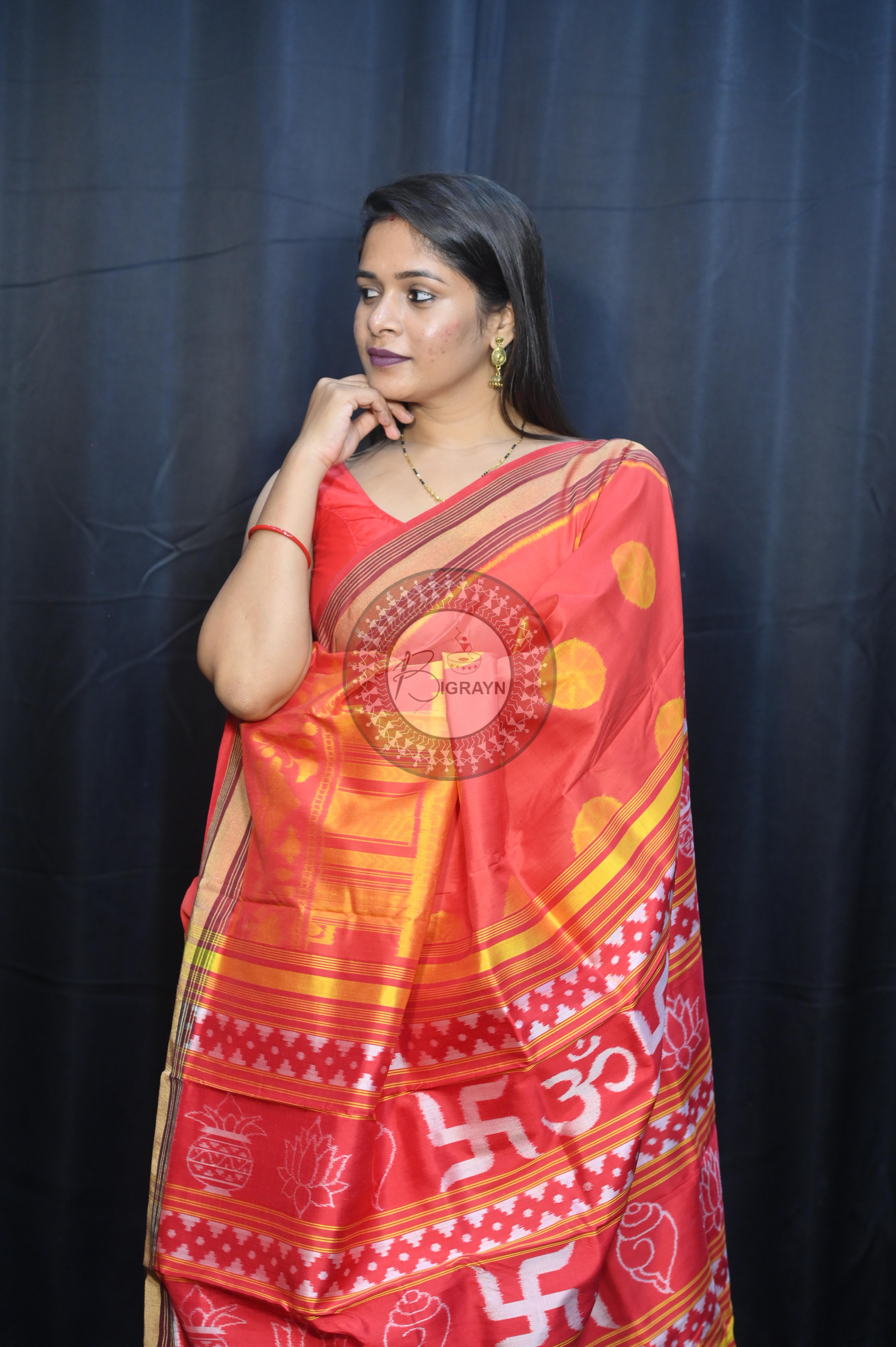 Red Golden Konark Wheel Design Mulberry Silk Saree