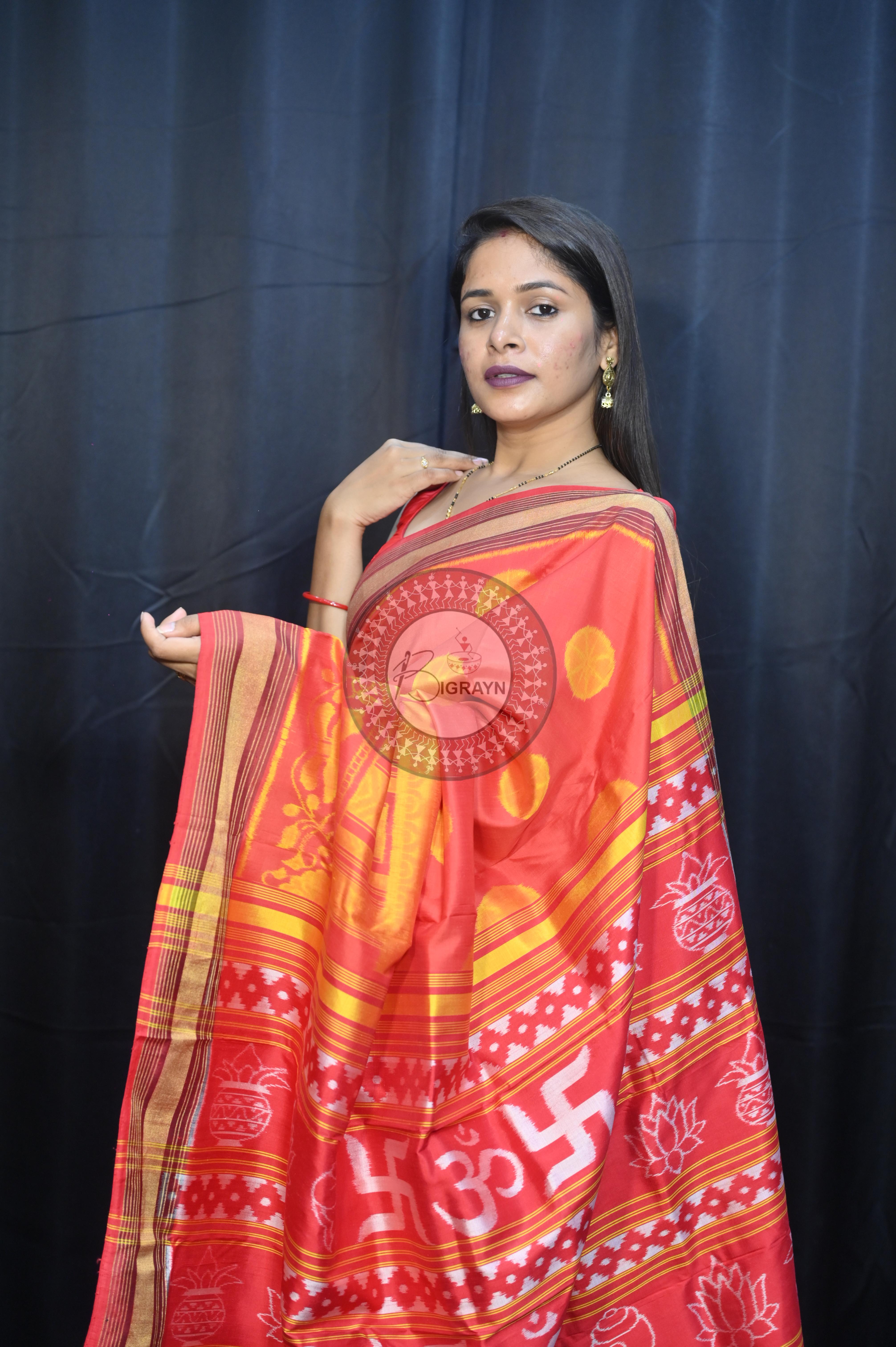 Red Golden Konark Wheel Design Mulberry Silk Saree