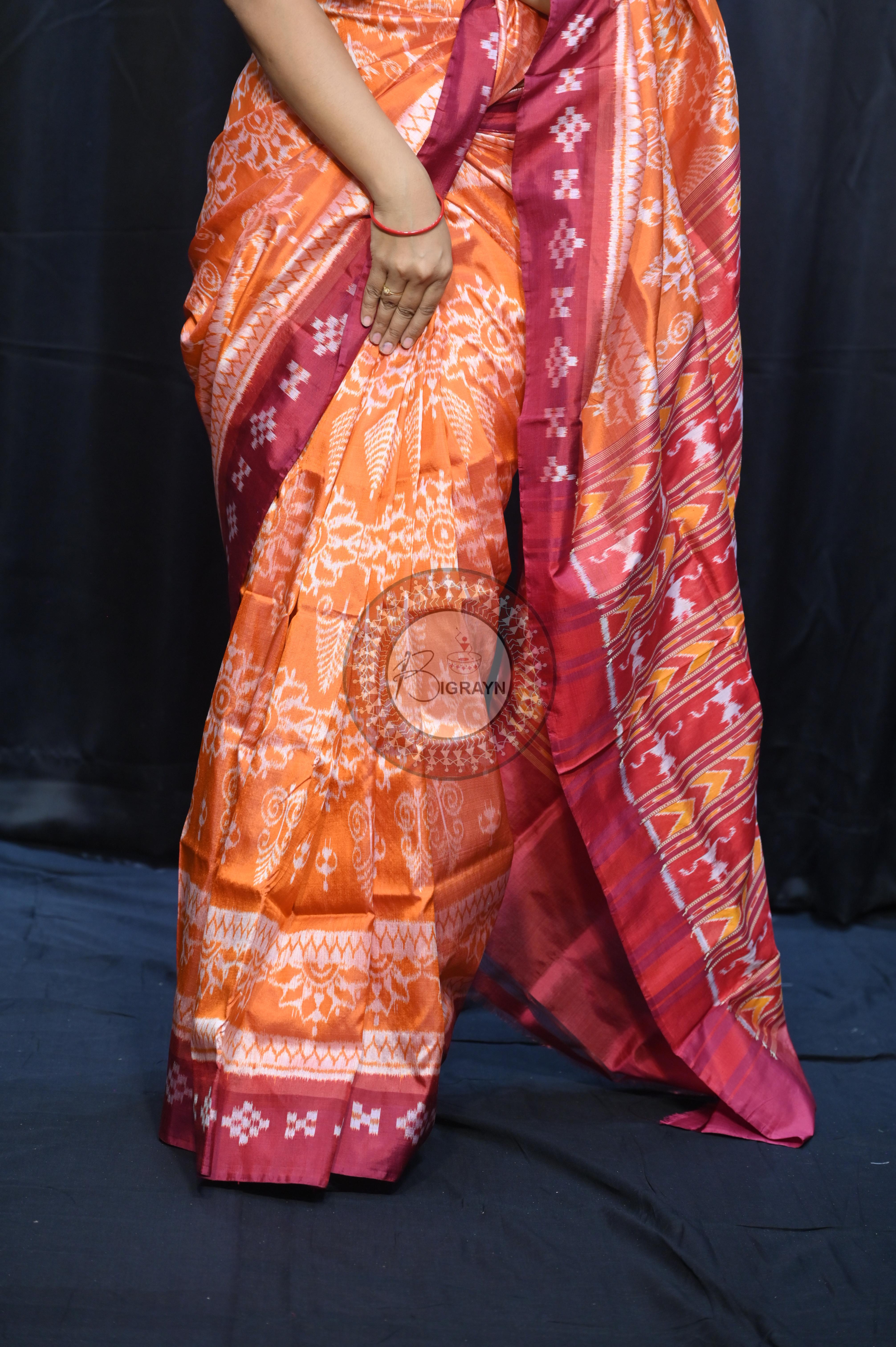 Orange Maroon Tribal Chakra Design Mulberry Silk Saree