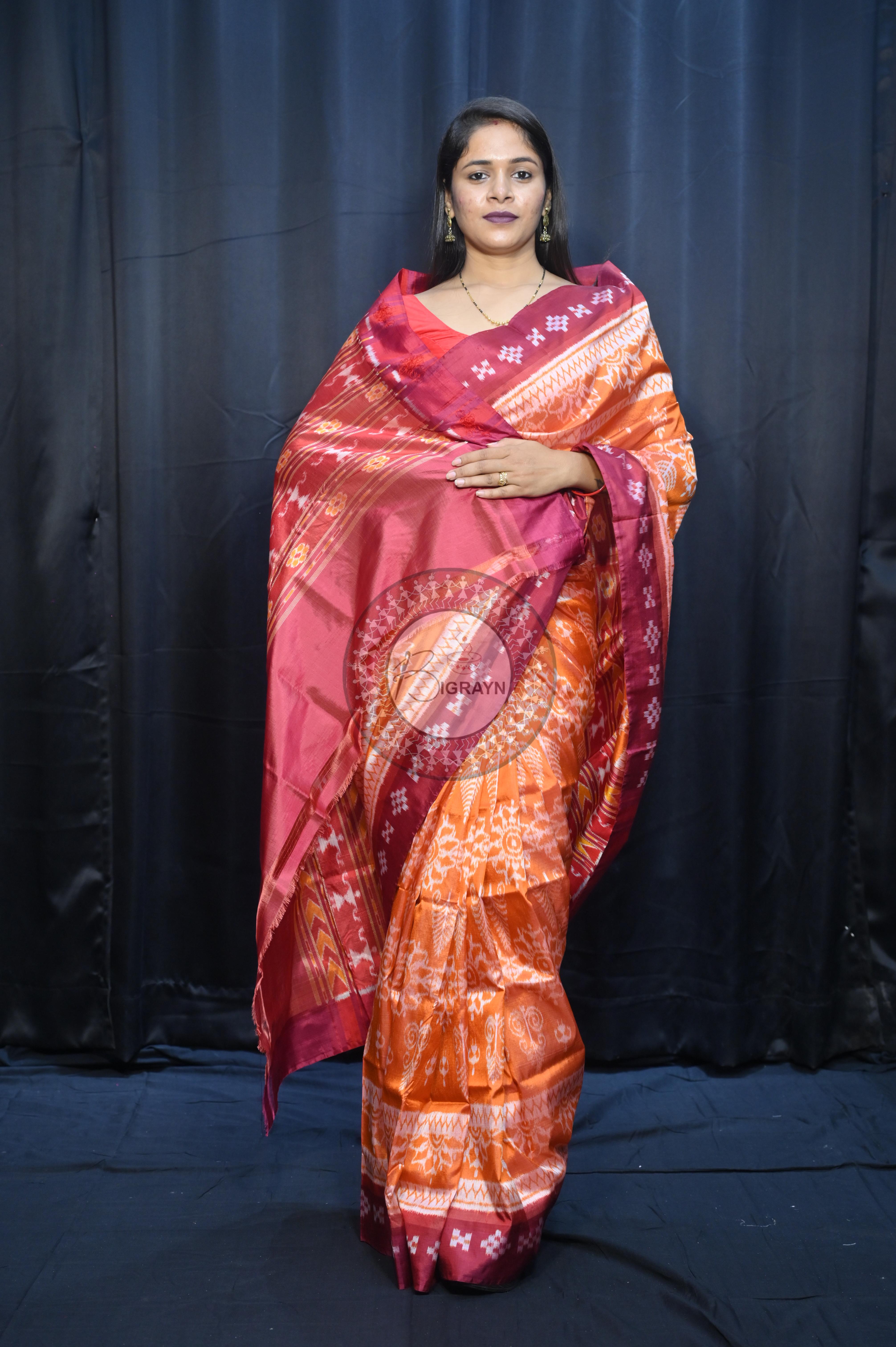Orange Maroon Tribal Chakra Design Mulberry Silk Saree