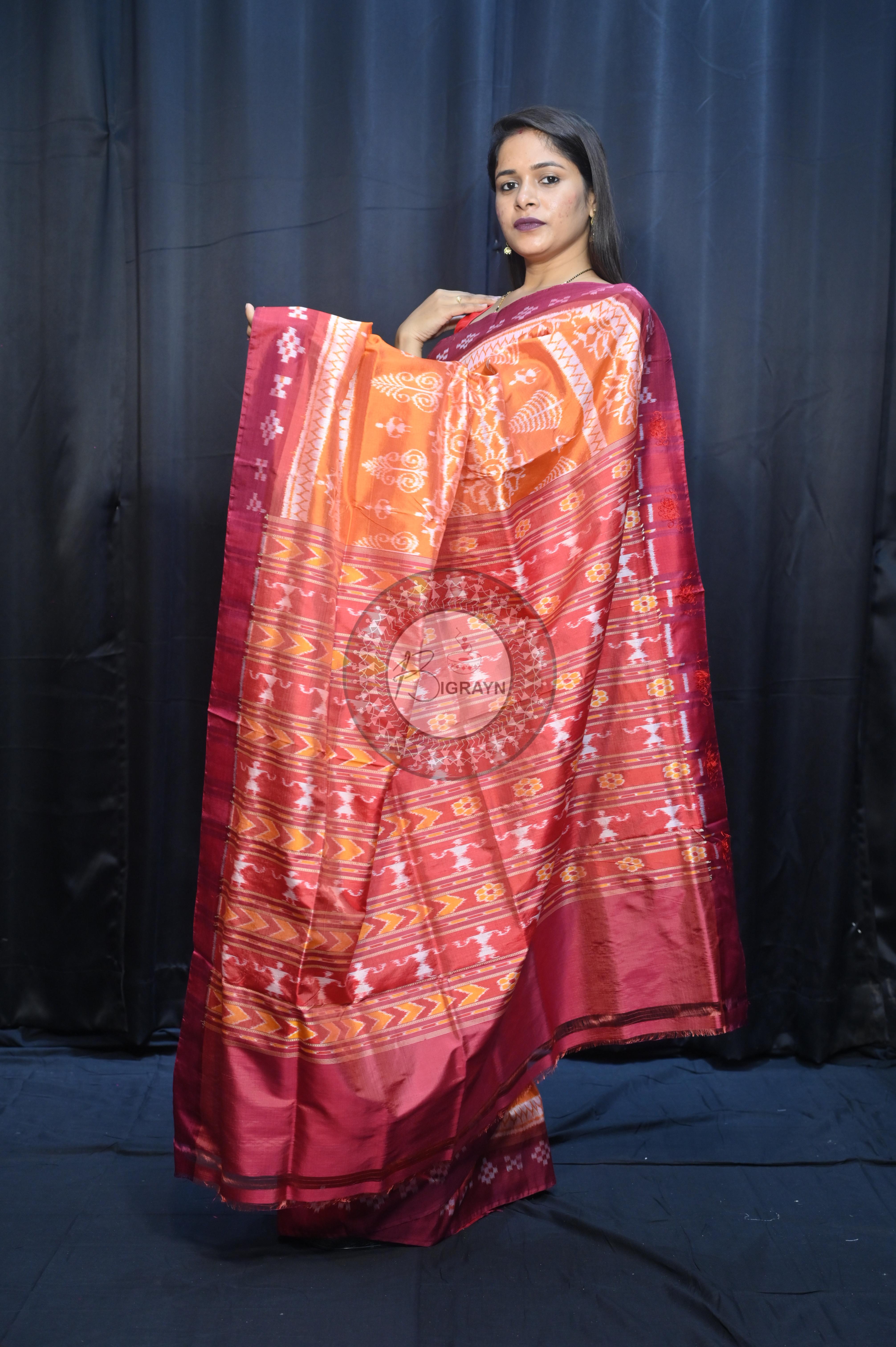 Orange Maroon Tribal Chakra Design Mulberry Silk Saree