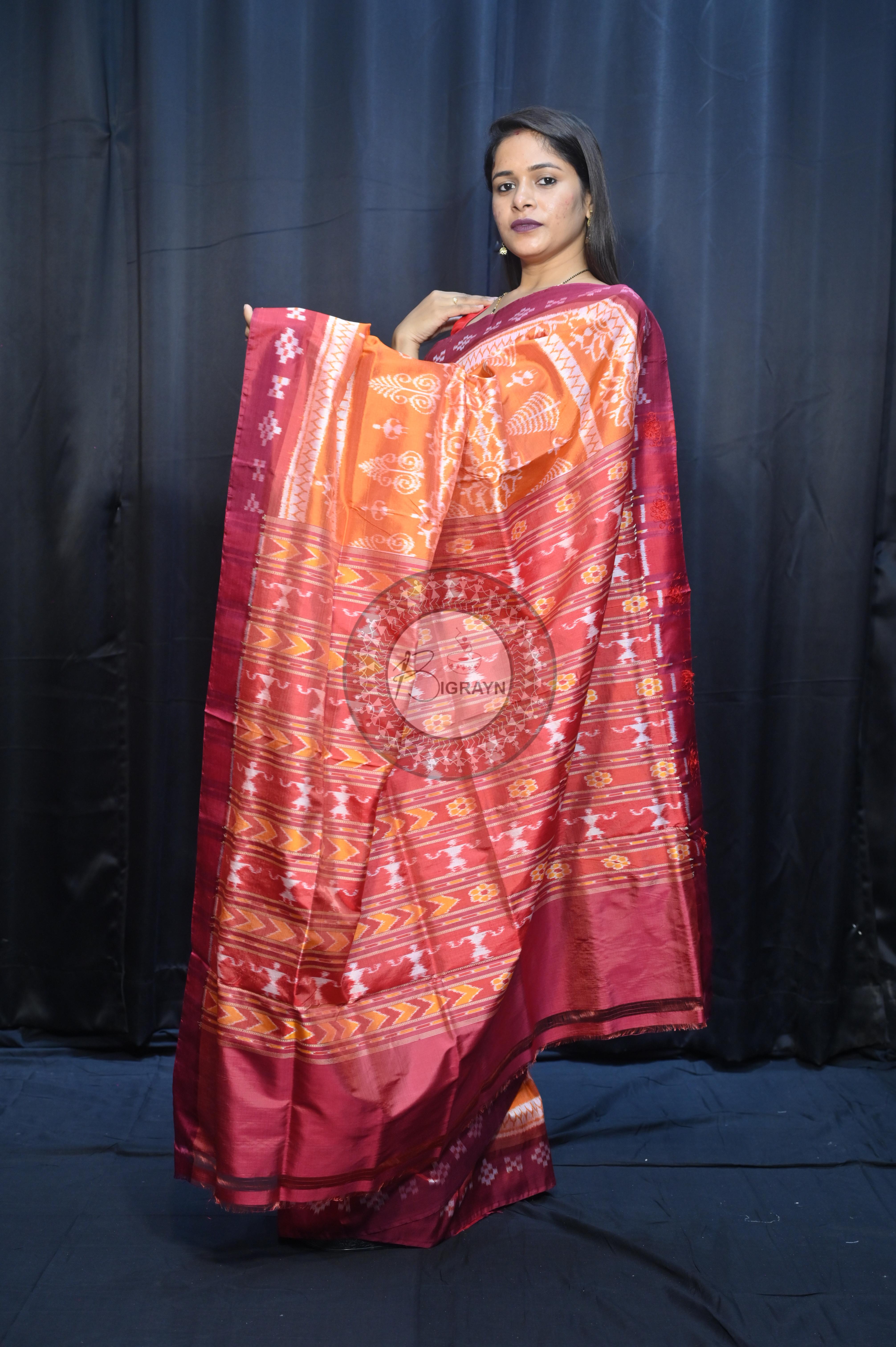Orange Maroon Tribal Chakra Design Mulberry Silk Saree