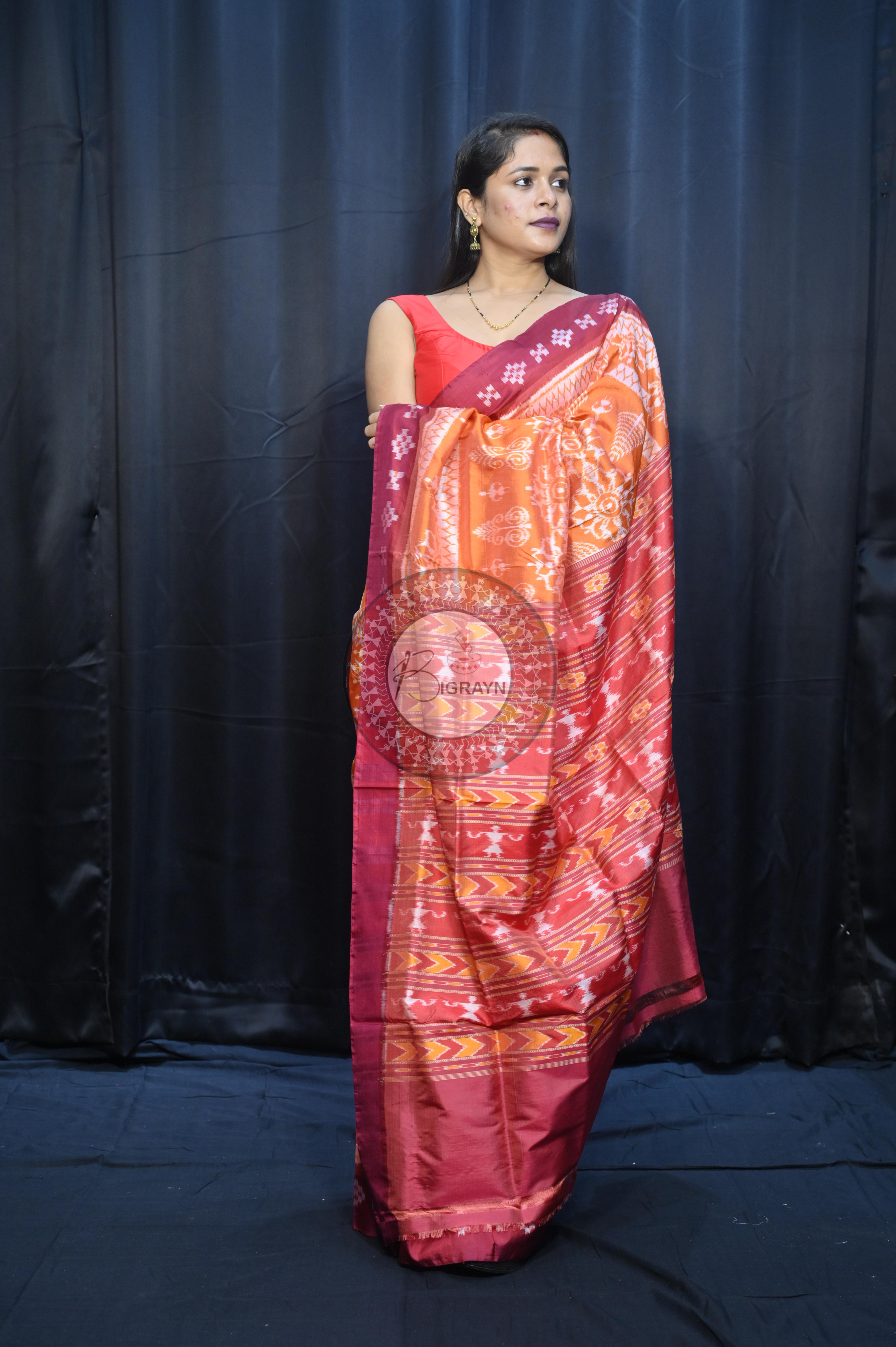 Orange Maroon Tribal Chakra Design Mulberry Silk Saree
