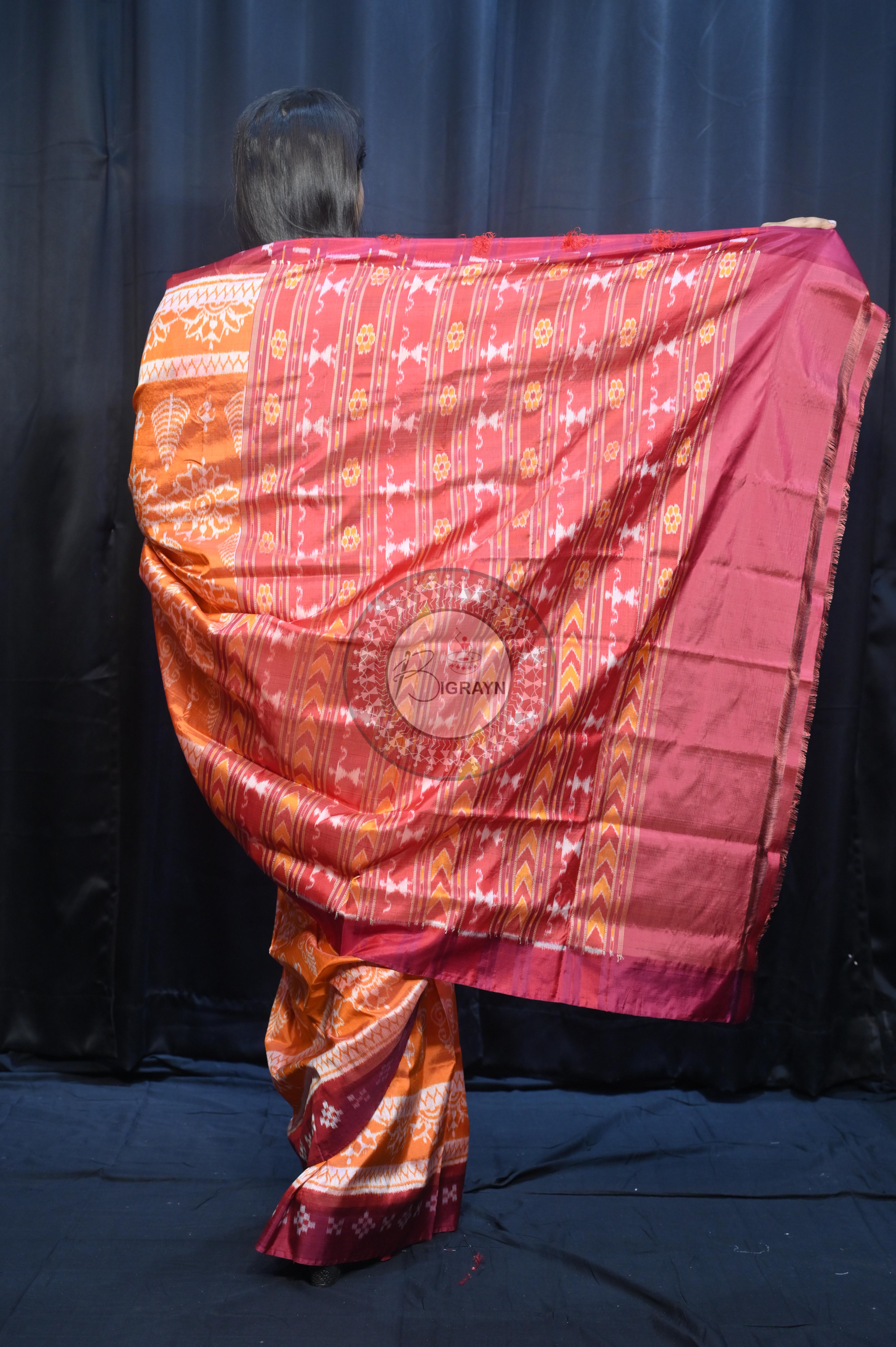Orange Maroon Tribal Chakra Design Mulberry Silk Saree