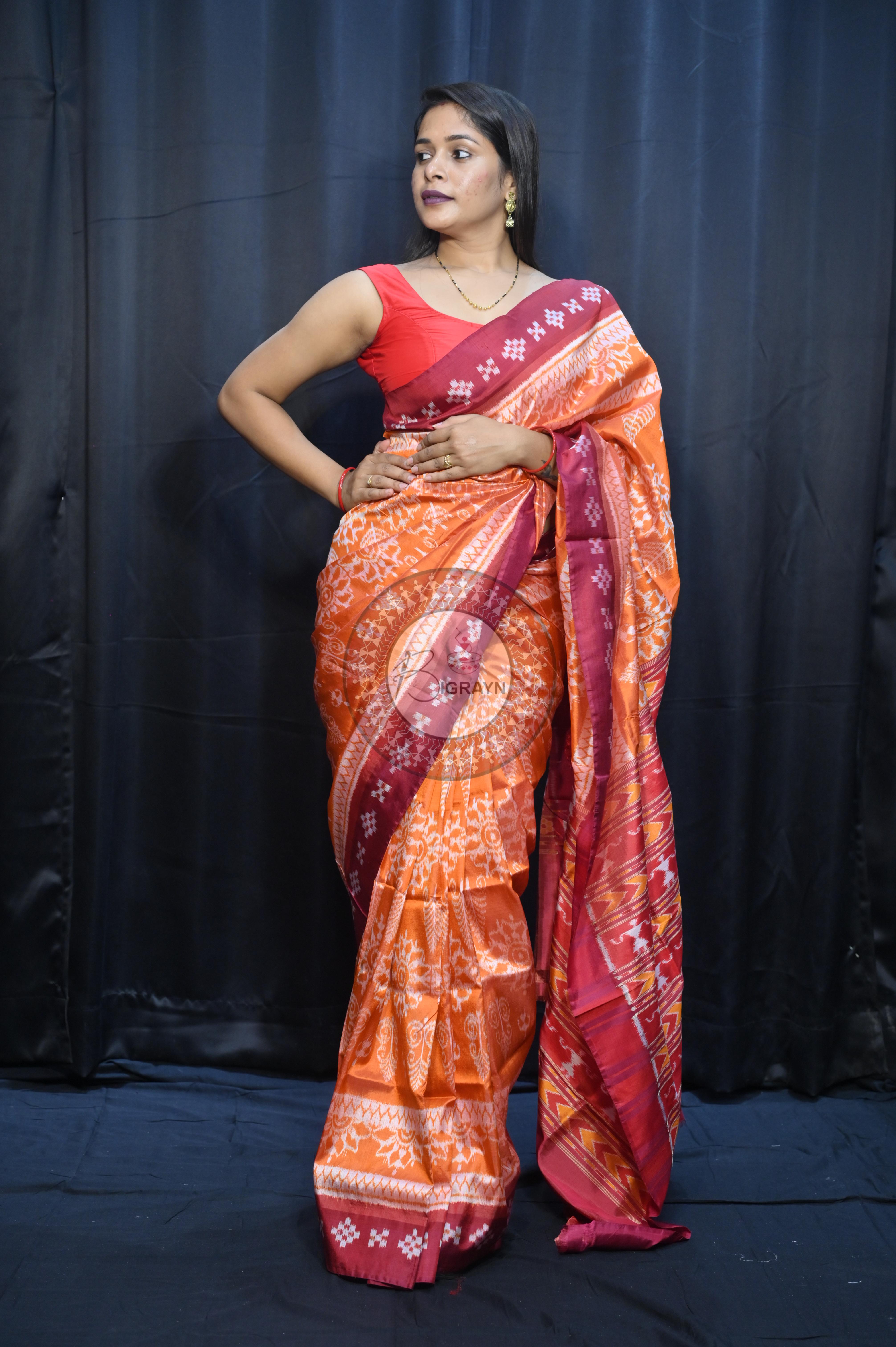 Orange Maroon Tribal Chakra Design Mulberry Silk Saree