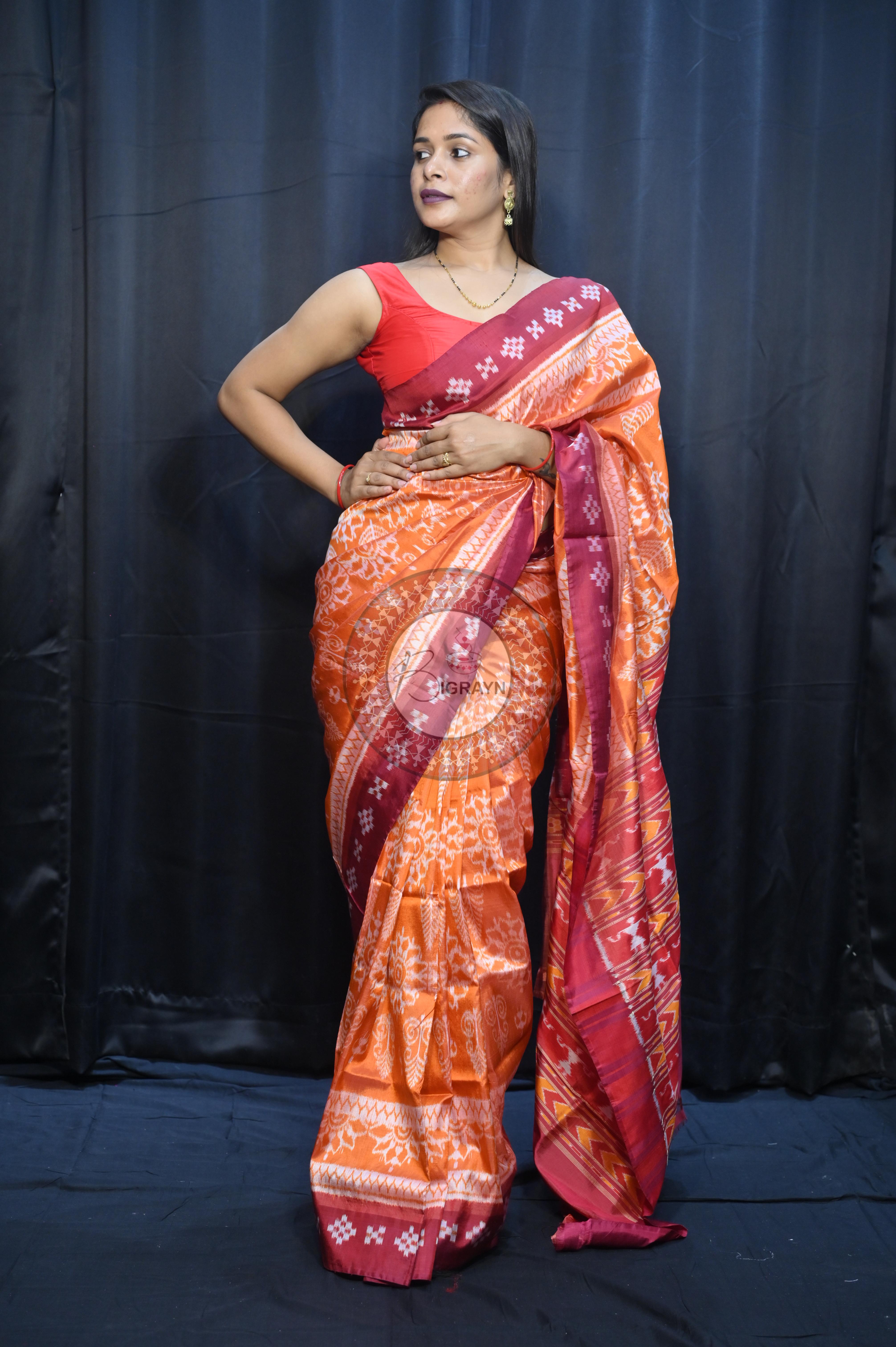 Orange Maroon Tribal Chakra Design Mulberry Silk Saree