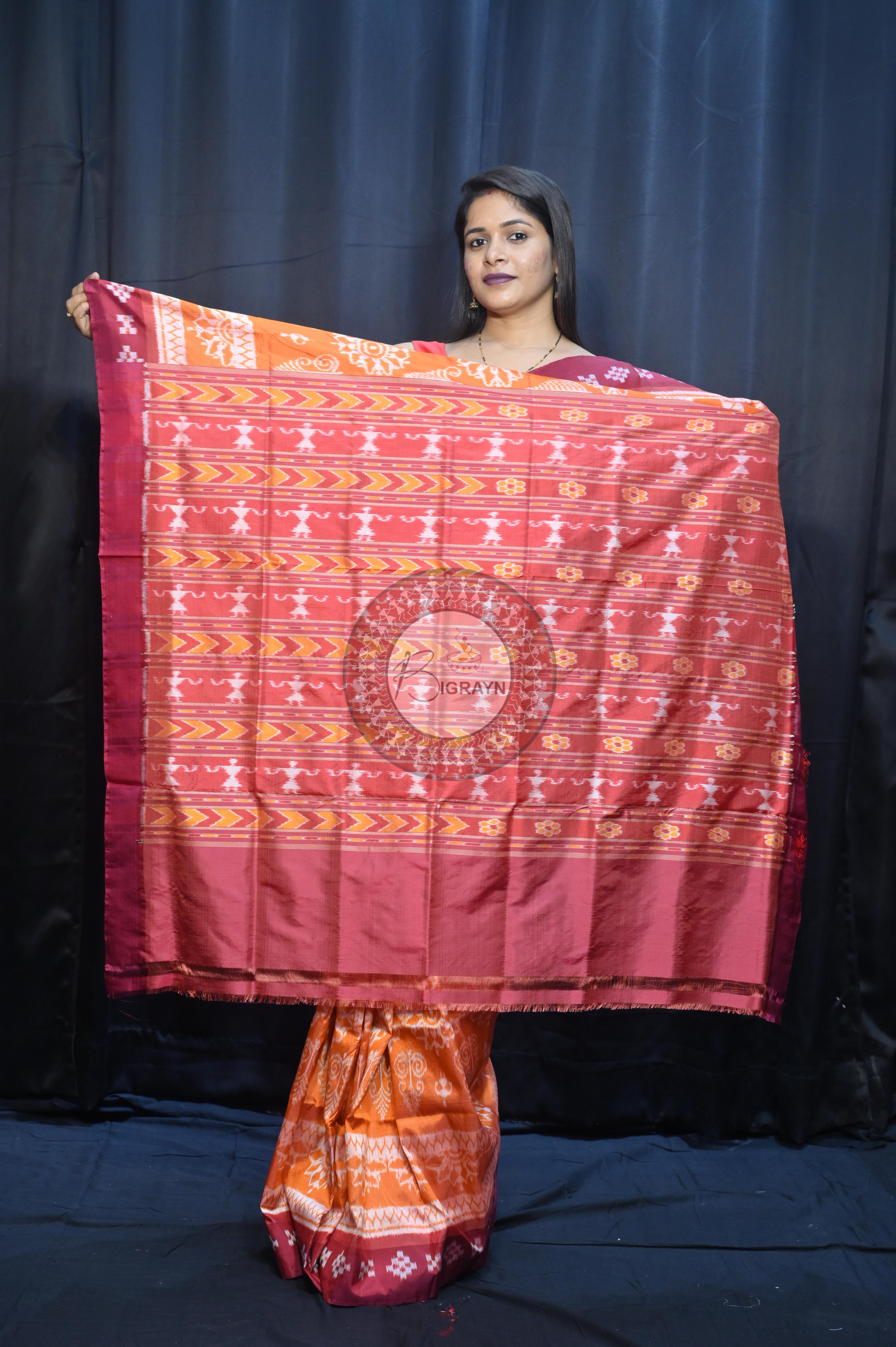 Orange Maroon Tribal Chakra Design Mulberry Silk Saree