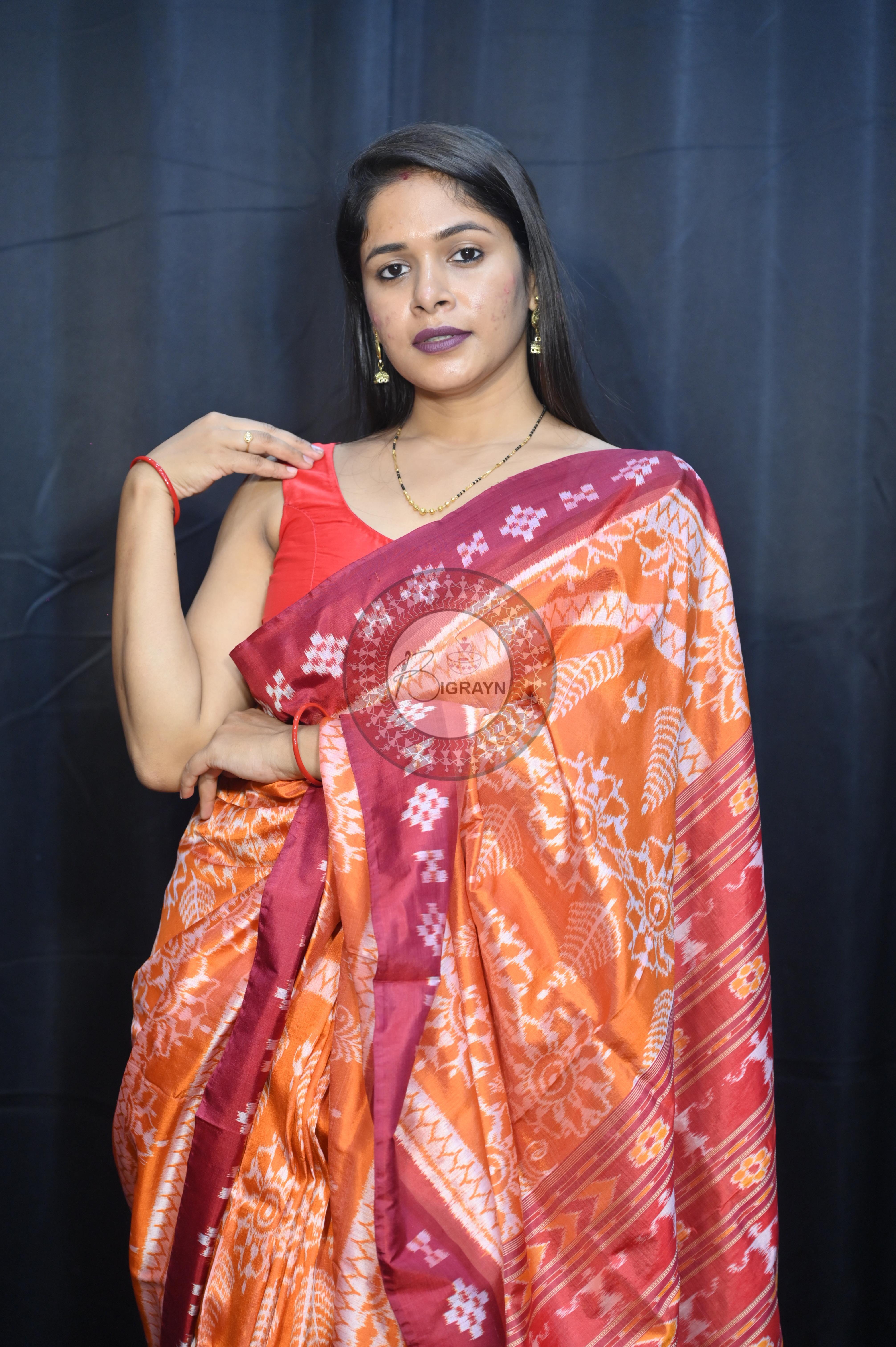 Orange Maroon Tribal Chakra Design Mulberry Silk Saree