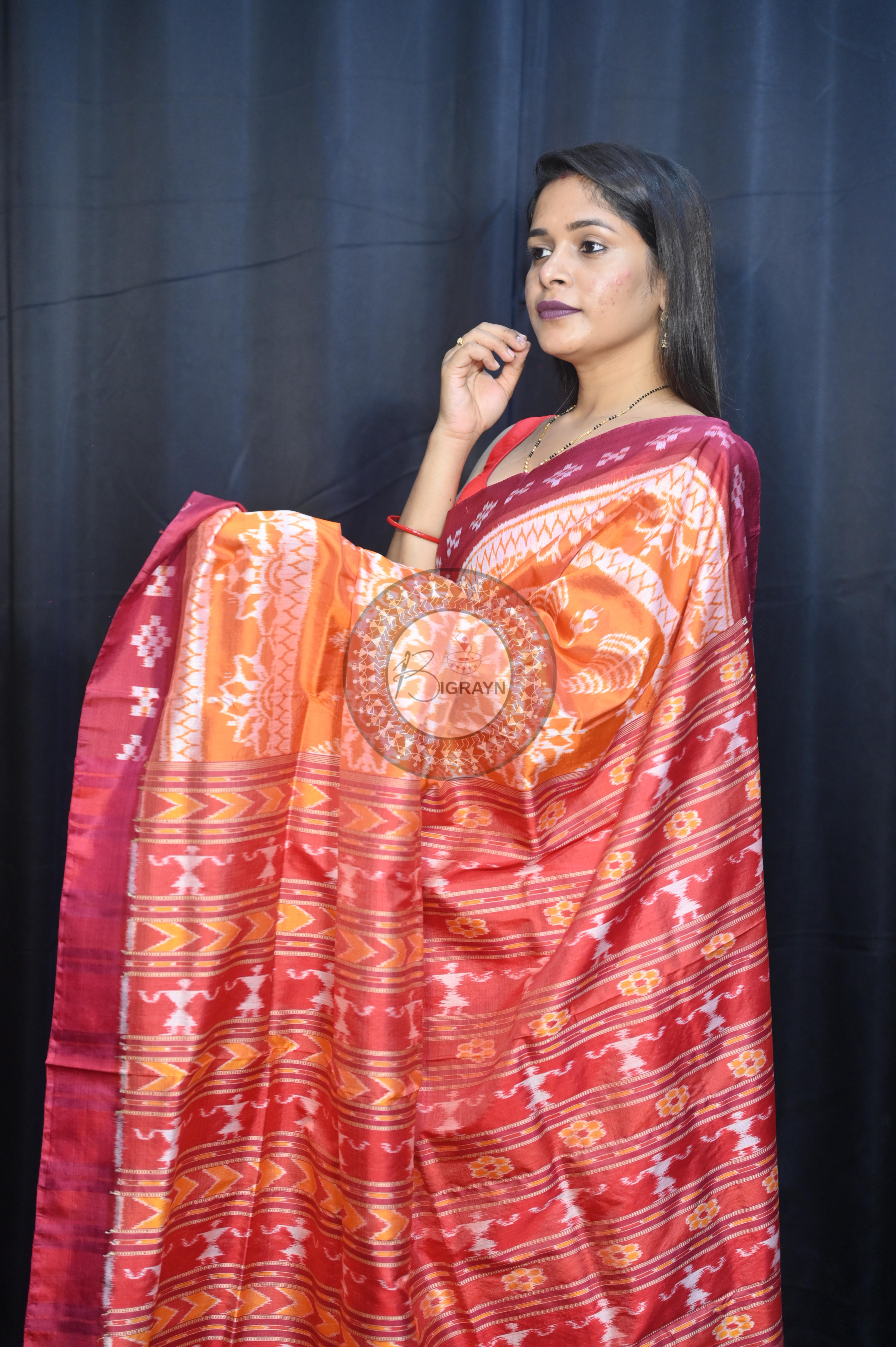Orange Maroon Tribal Chakra Design Mulberry Silk Saree