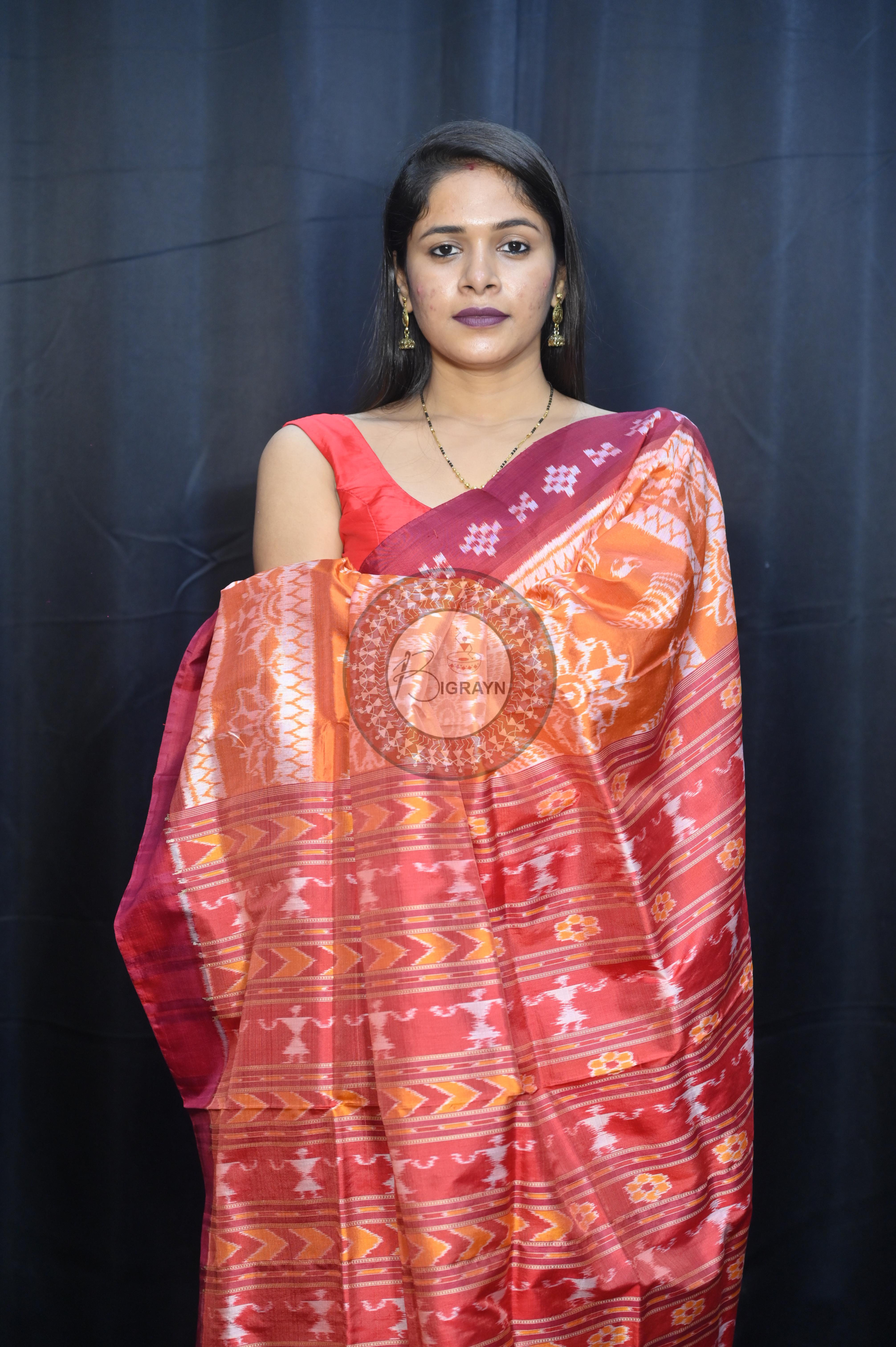 Orange Maroon Tribal Chakra Design Mulberry Silk Saree