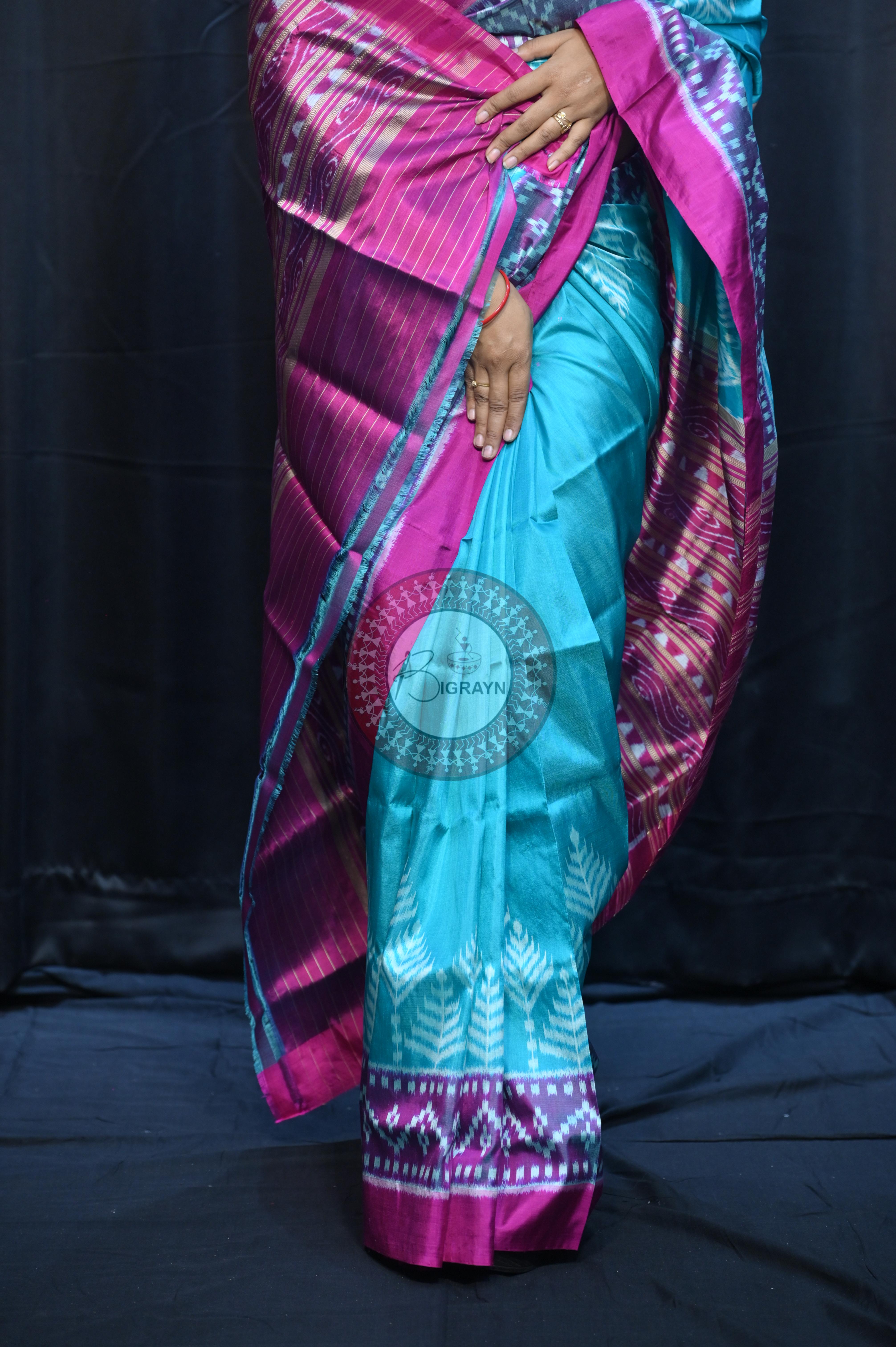 Sea Green Magenta Scot Tree Design Mulberry Silk Saree